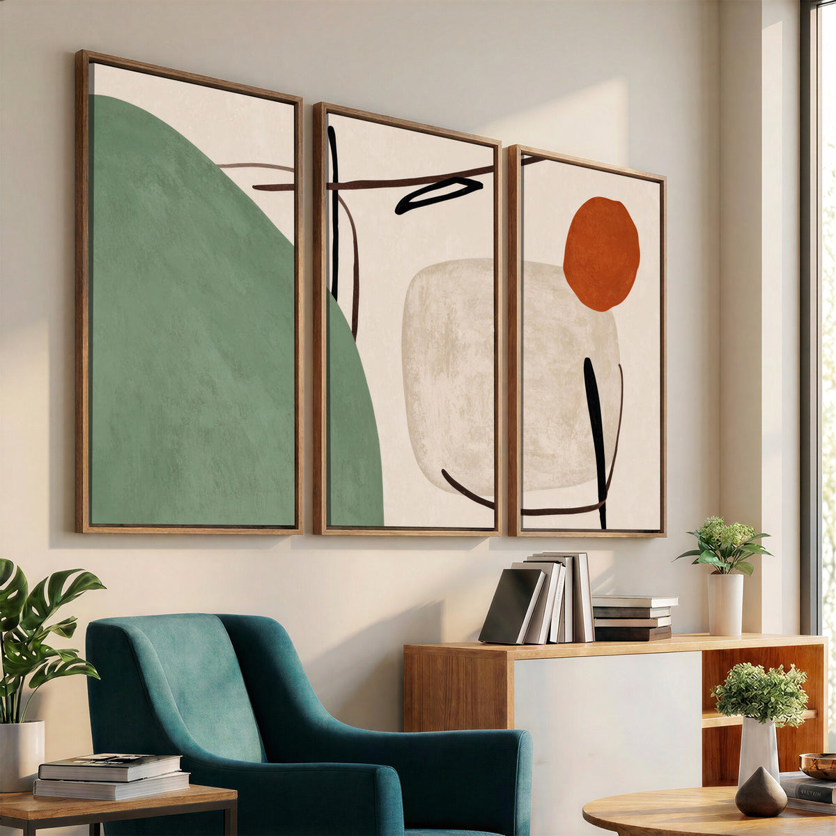 46798824-MGV-CV-48X32-3P - Mid Century Modern Geometric Canvas Wall Art, Abstract Triptych Print