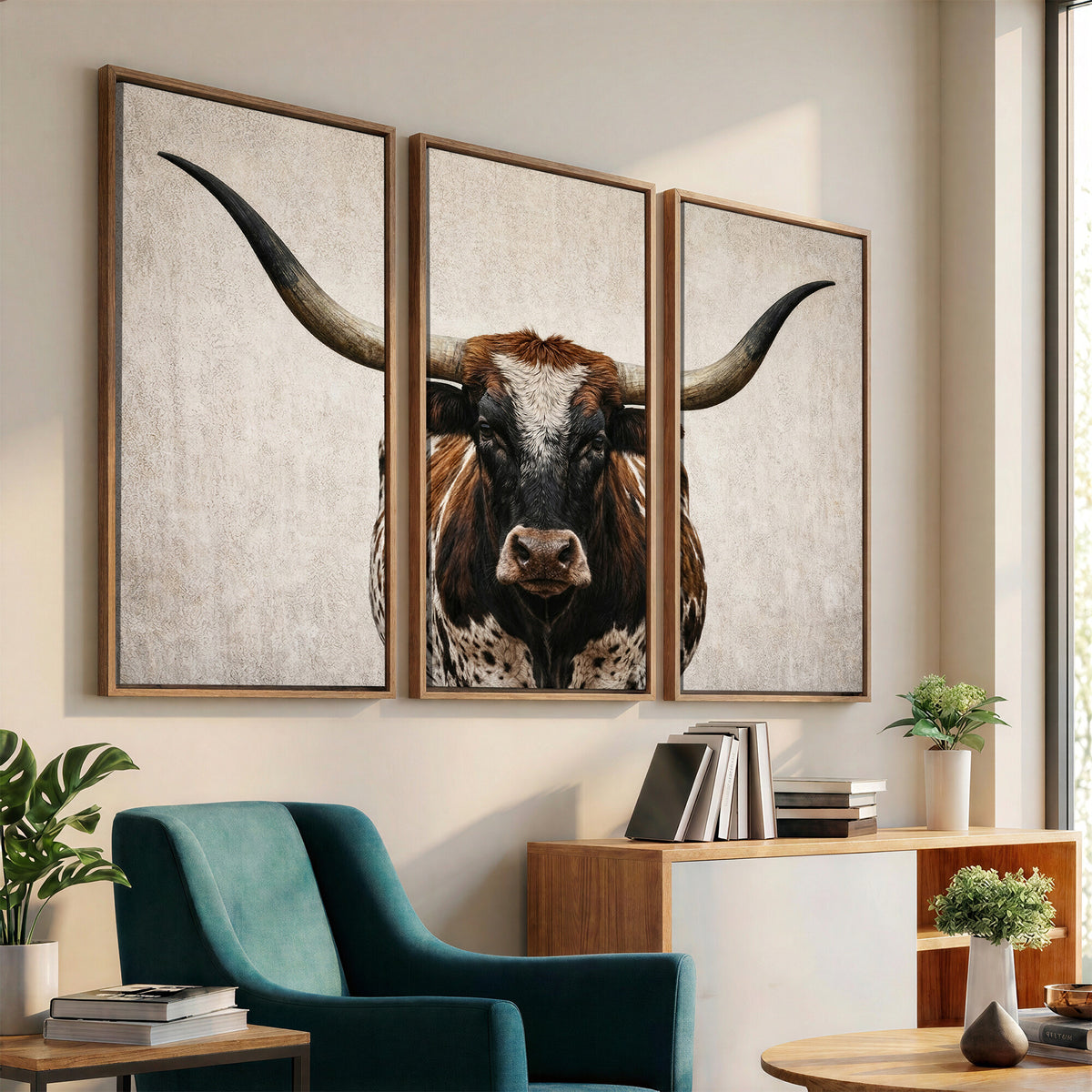 58622065-MGV-CV-36X24 - Texas Longhorn Canvas Wall Art Western Bull Desert Moody Grey Overcast Rustic Farmhouse Framed Large for Living Room Bedroom Office Decor