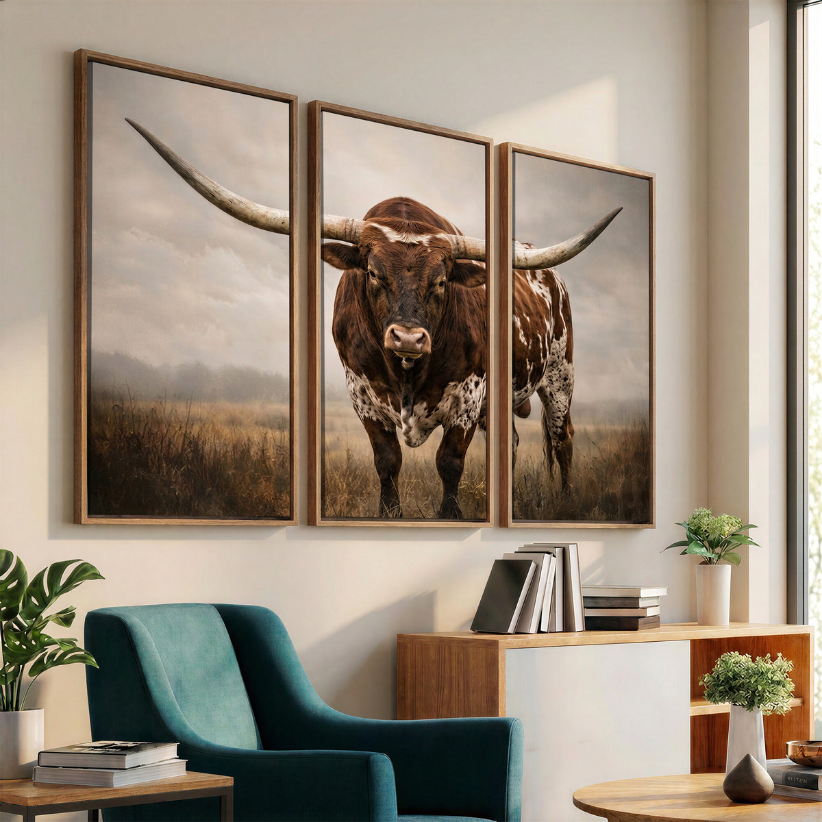 25239047A-MGV-CV-36X24 - Texas Longhorn Canvas Wall Art Western Bull Desert Moody Grey Overcast Rustic Farmhouse Framed Large for Living Room Bedroom Office Decor