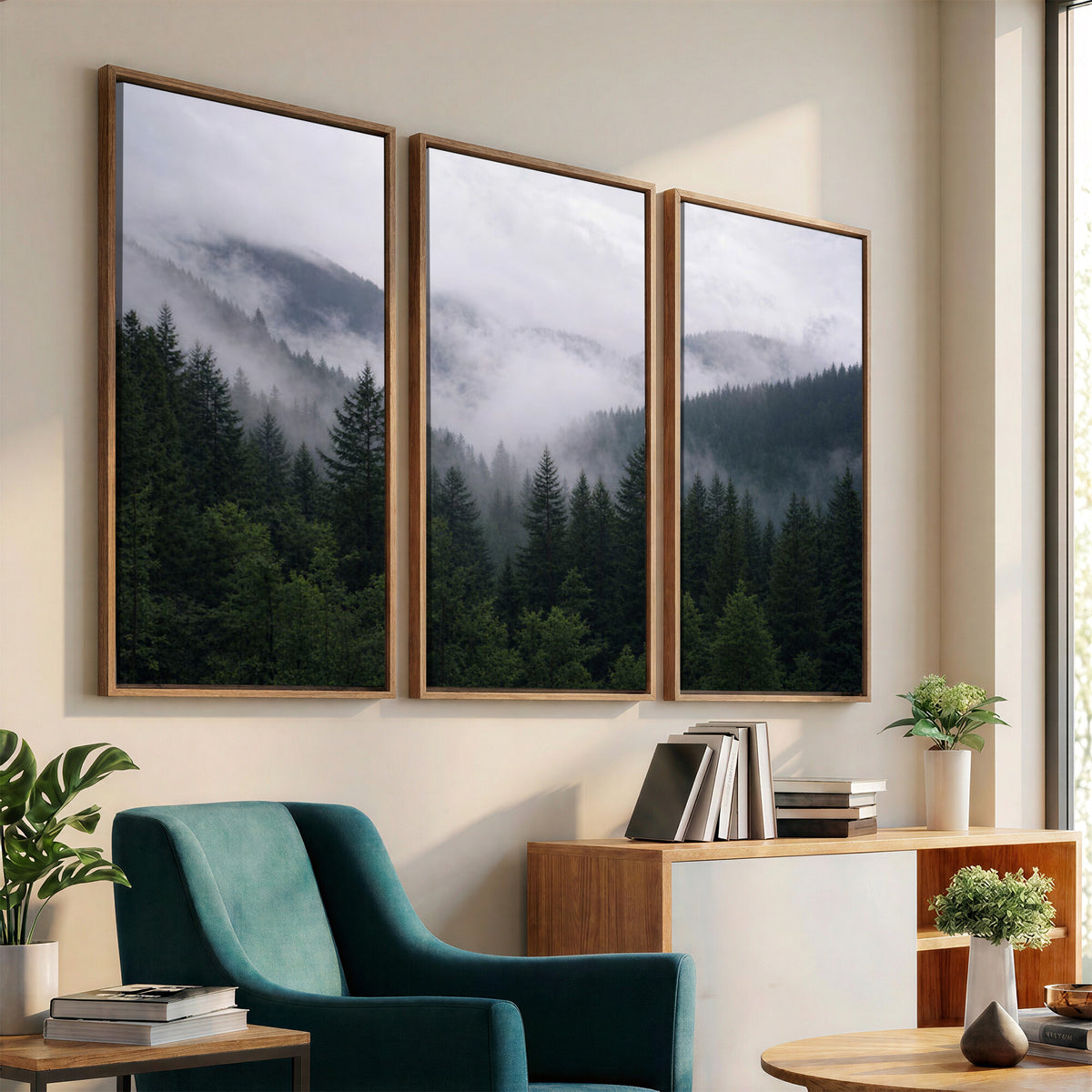 25432119-_Poster-30x20 - Misty Mountain Pine Forest Canvas Print 3 Piece Framed Wall Art Extra Large Floating Frame Nature Poster Made in USA