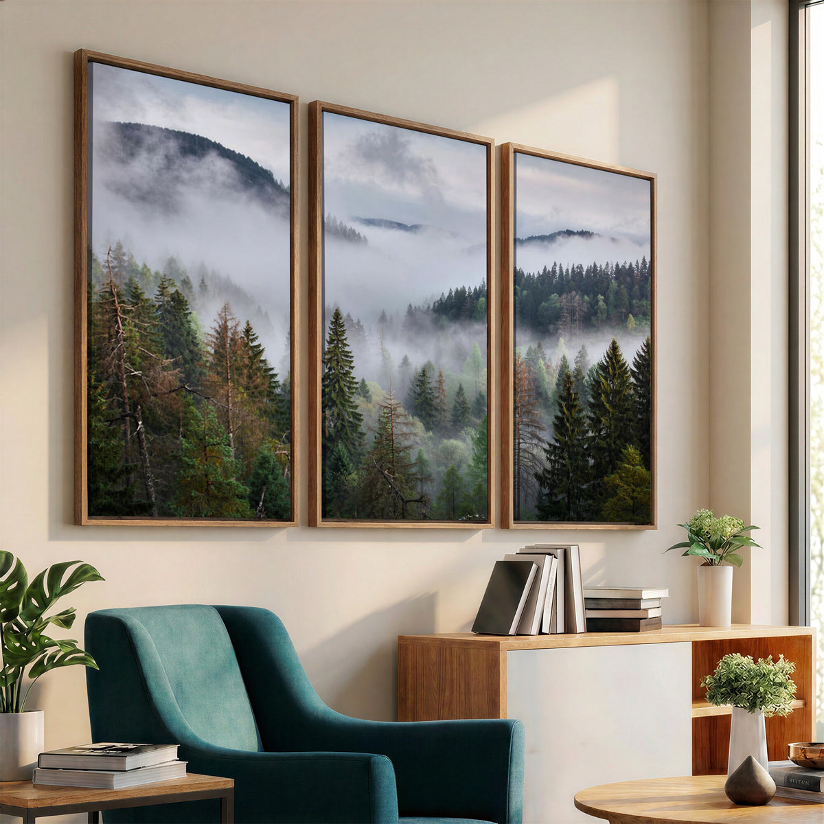 18735847-_Poster-30x20 - Foggy Pine Forest Mountain Canvas Print 3 Piece Framed Wall Art Extra Large Floating Frame Nature Poster Made in USA