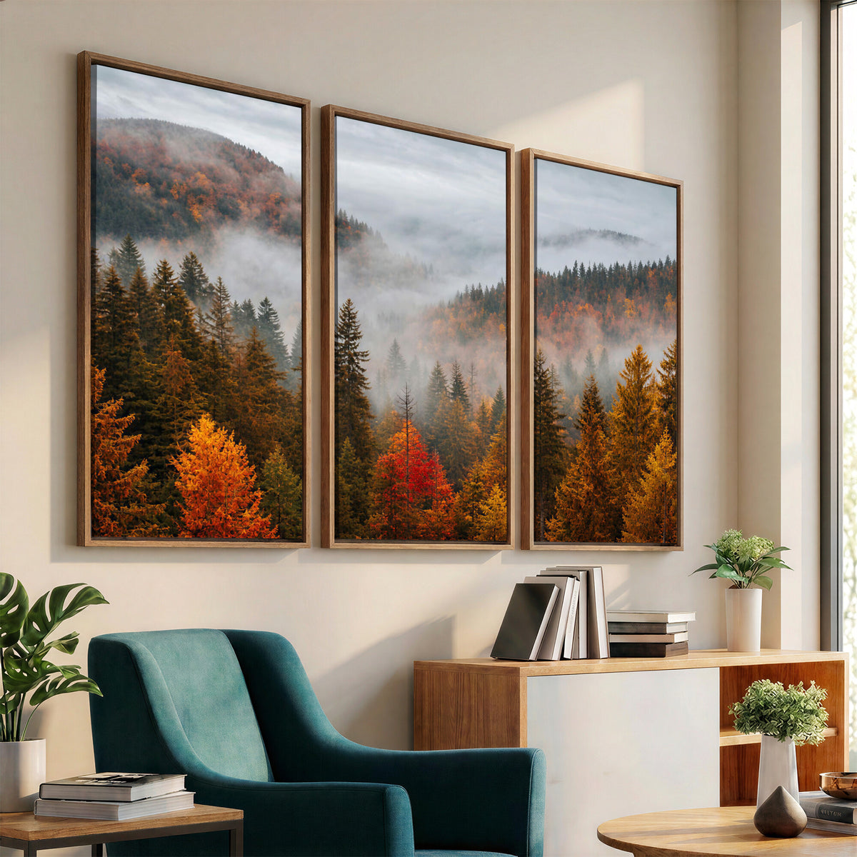 87481341-_Poster-30x20 - Foggy Autumn Mountain Canvas Print Smoky Pine Forest Wall Art Panoramic Nature Poster 3 Piece Made in USA