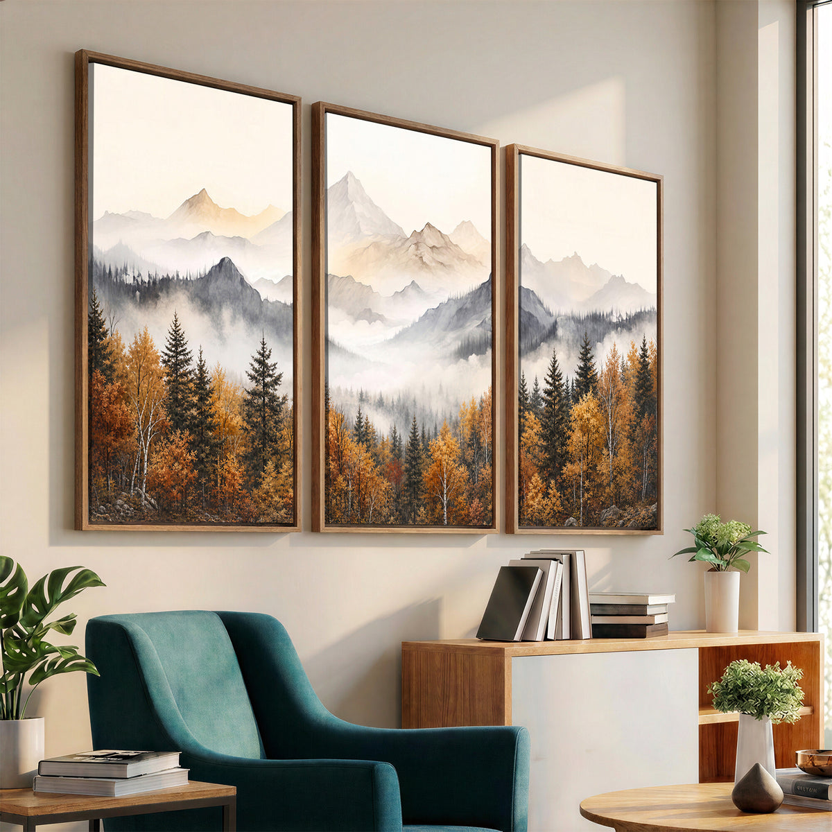 19544118-MGV-TP-30X20 - Misty Mountain Autumn Forest Canvas Wall Art - Watercolor Fall Nature Landscape Print