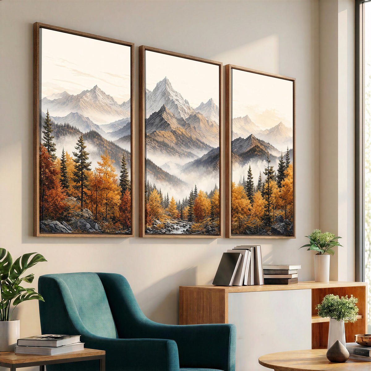 21309099-MGV-TP-30X20 - Extra Large Misty Mountain Autumn Forest Canvas Wall Art - Watercolor Fall Nature Landscape Print