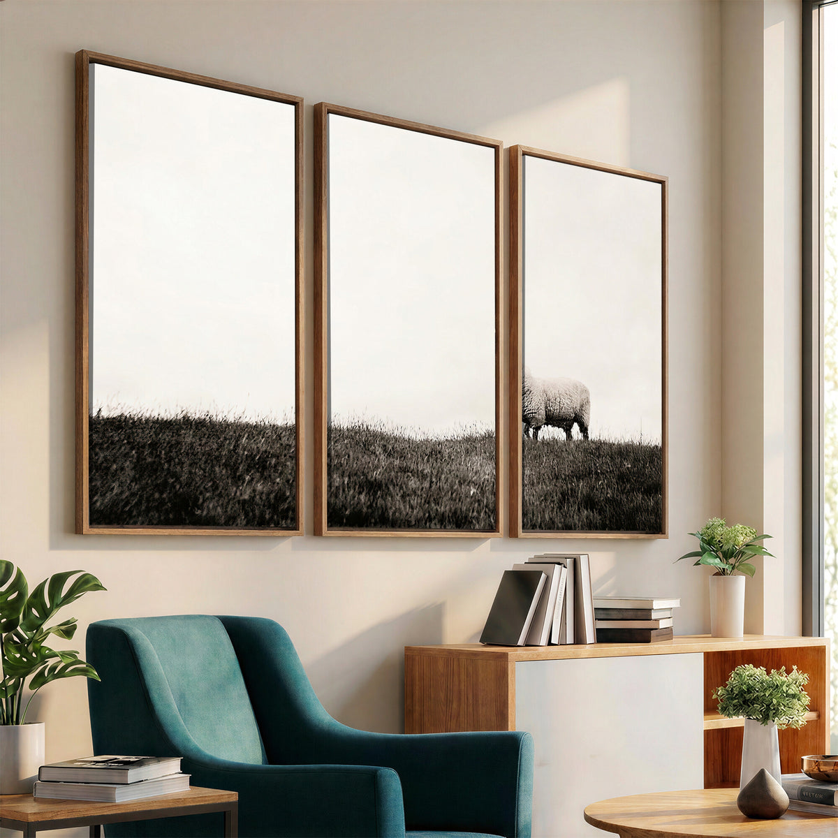 72749448-MGV-TP-30X20 - Minimalist Sepia Sheep Canvas Wall Art - Rustic Farmhouse Country Landscape Print