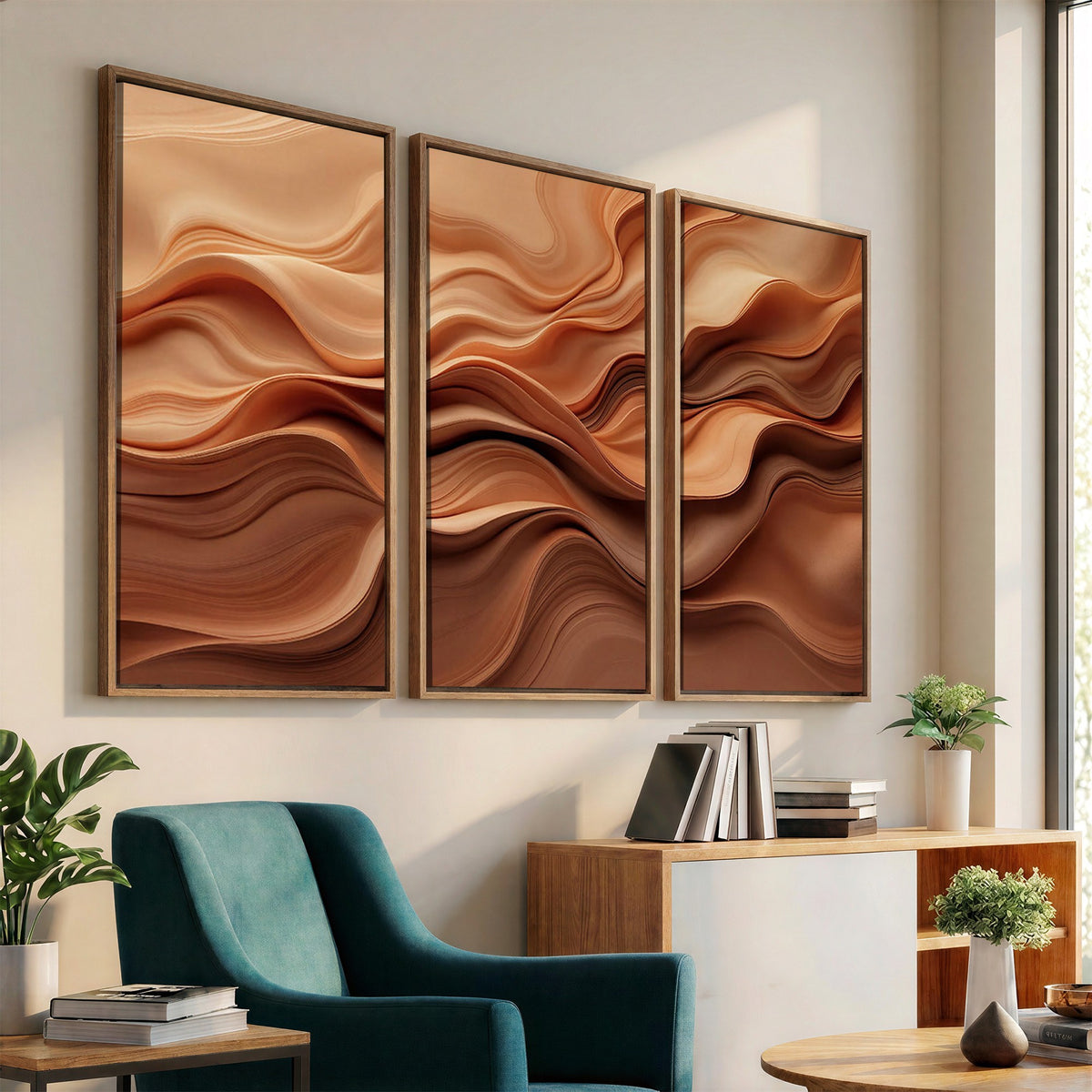 82230697-_Poster-30x20 - Modern Abstract Fluid Waves Canvas Wall Art - Minimalist Warm Terracotta Beige Sand Print