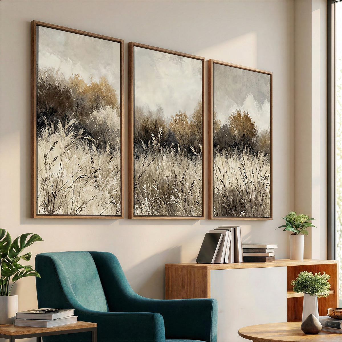 53959945-_Poster-30x20 - Muted Neutral Forest Landscape Canvas Wall Art - Vintage Rustic Wildflower Meadow Print