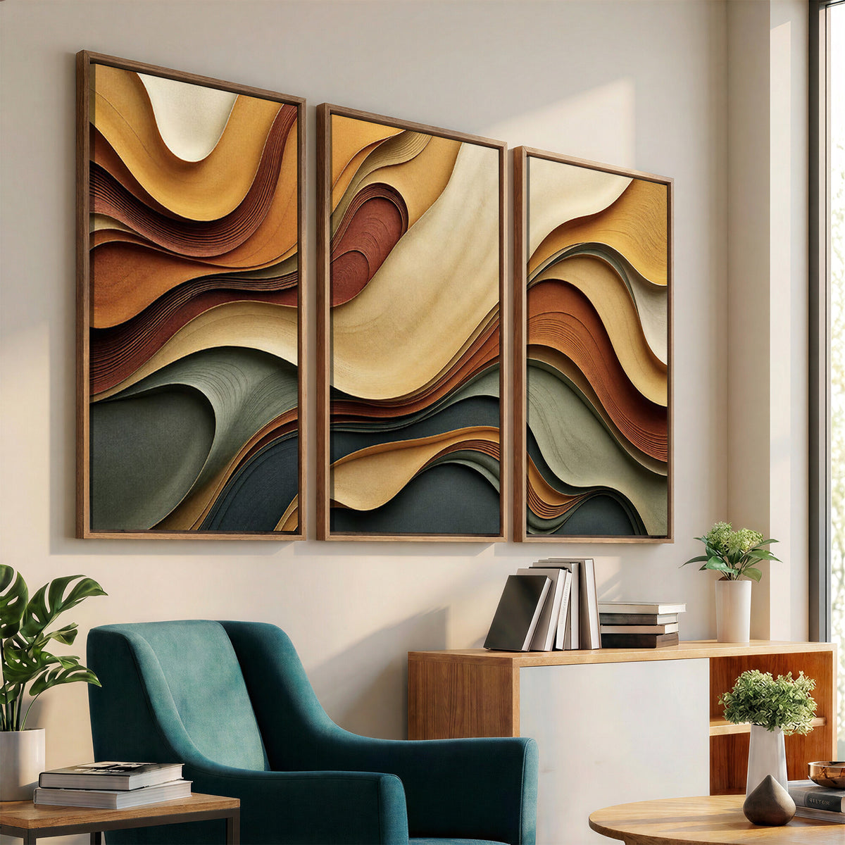 19337902-MGV-CV-36X24 - Modern Abstract Waves Canvas Wall Art - Minimalist Earthy Tone Living Room Decor
