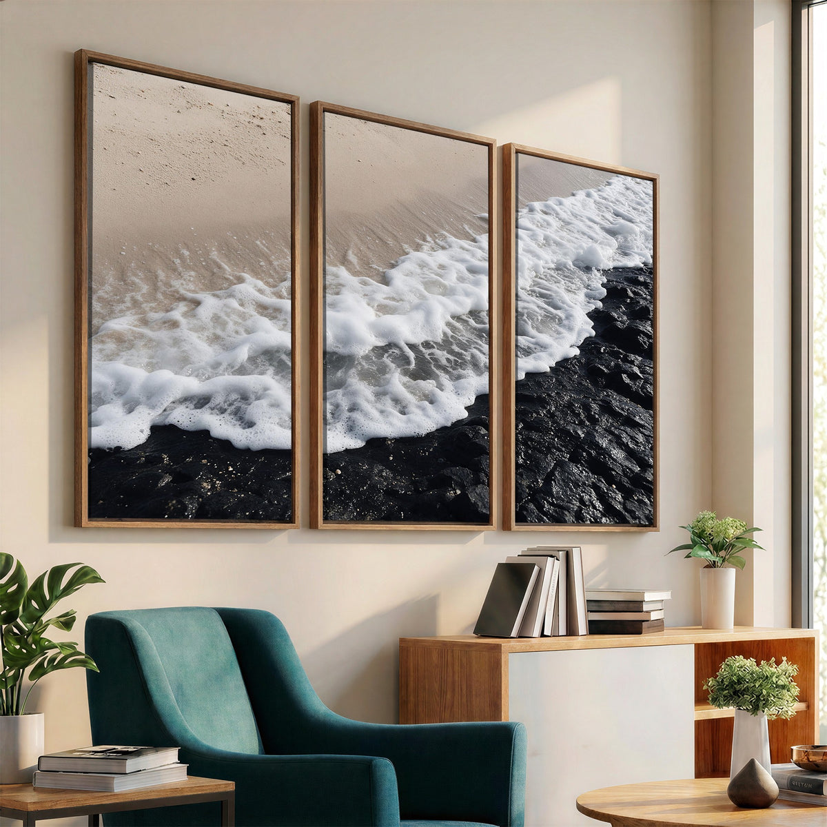 27448606-MGV-CV-24X16 - Ocean Wave Foam on Black Lava Rock Beach Canvas Wall Art Print