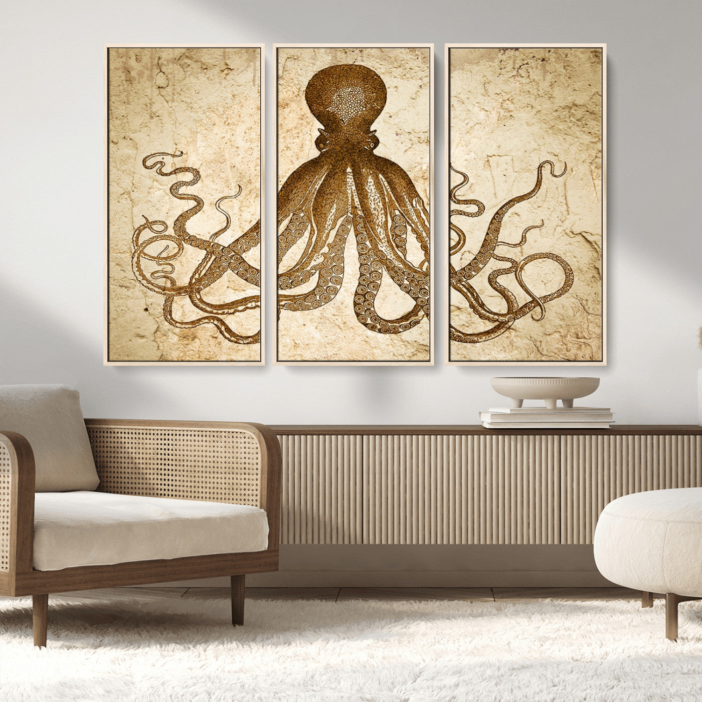 MGV-FC-48X32-3P - Sepia Octopus Wall Art Abstract Animal Canvas Print