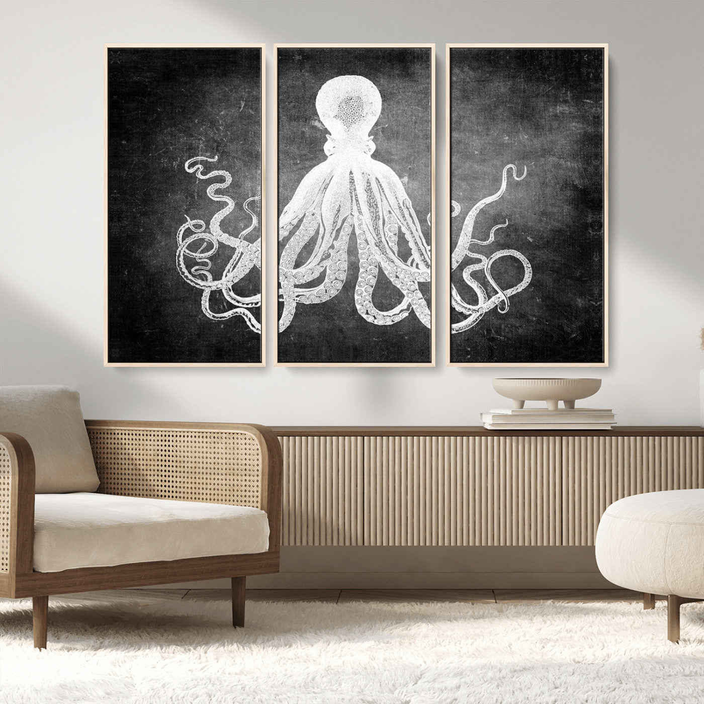 MGV-FC-48X32-3P - Black White Octopus Wall Art Canvas Print