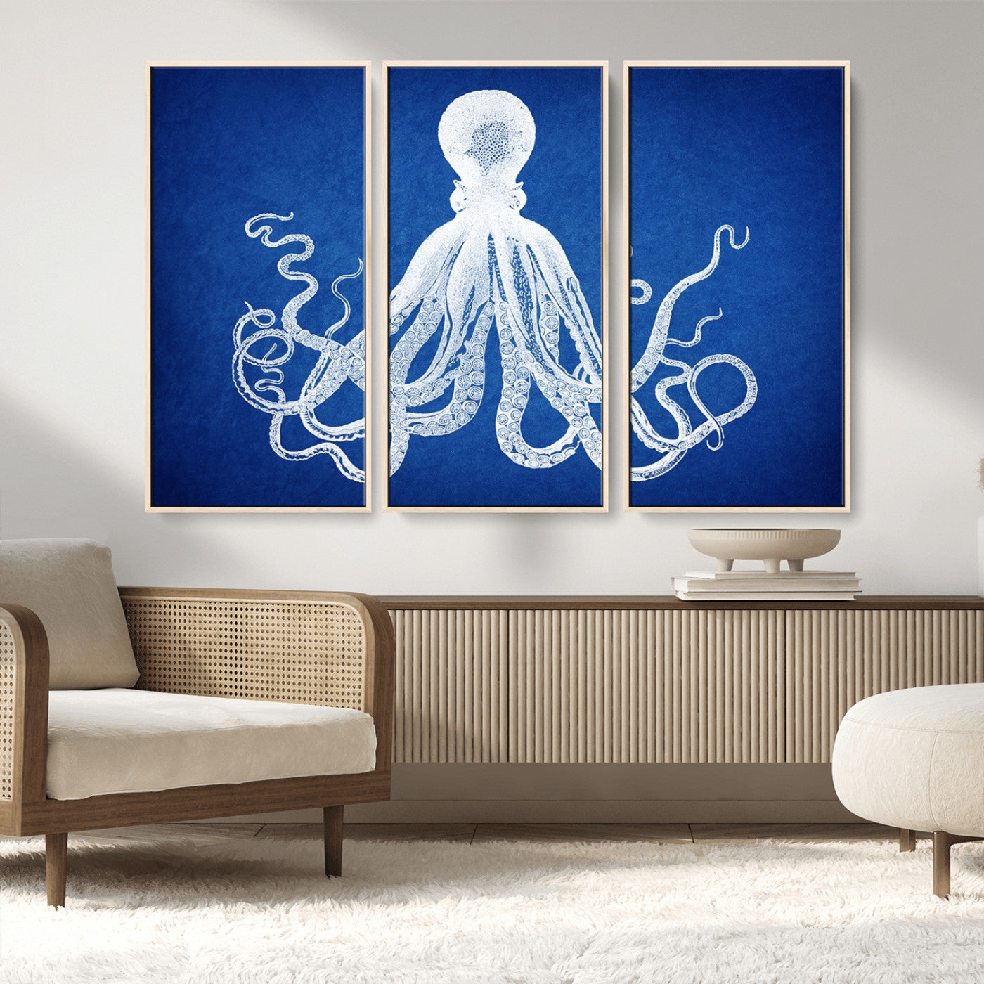 MGV-FC-48X32-3P - Large 3-Panel Blue Octopus Canvas Wall Art | Coastal Marine Life Artwork for Living Room, Bedroom,