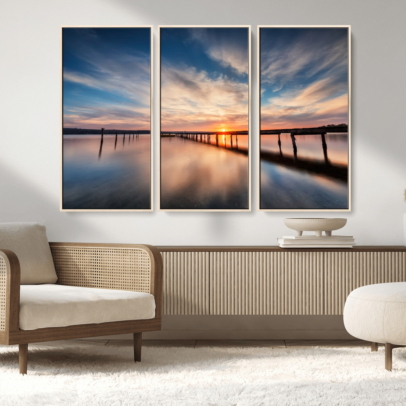 MGV-FC-48X32-3P - Wooden Pier on Seascape and Sunset Wall Art Canvas Print