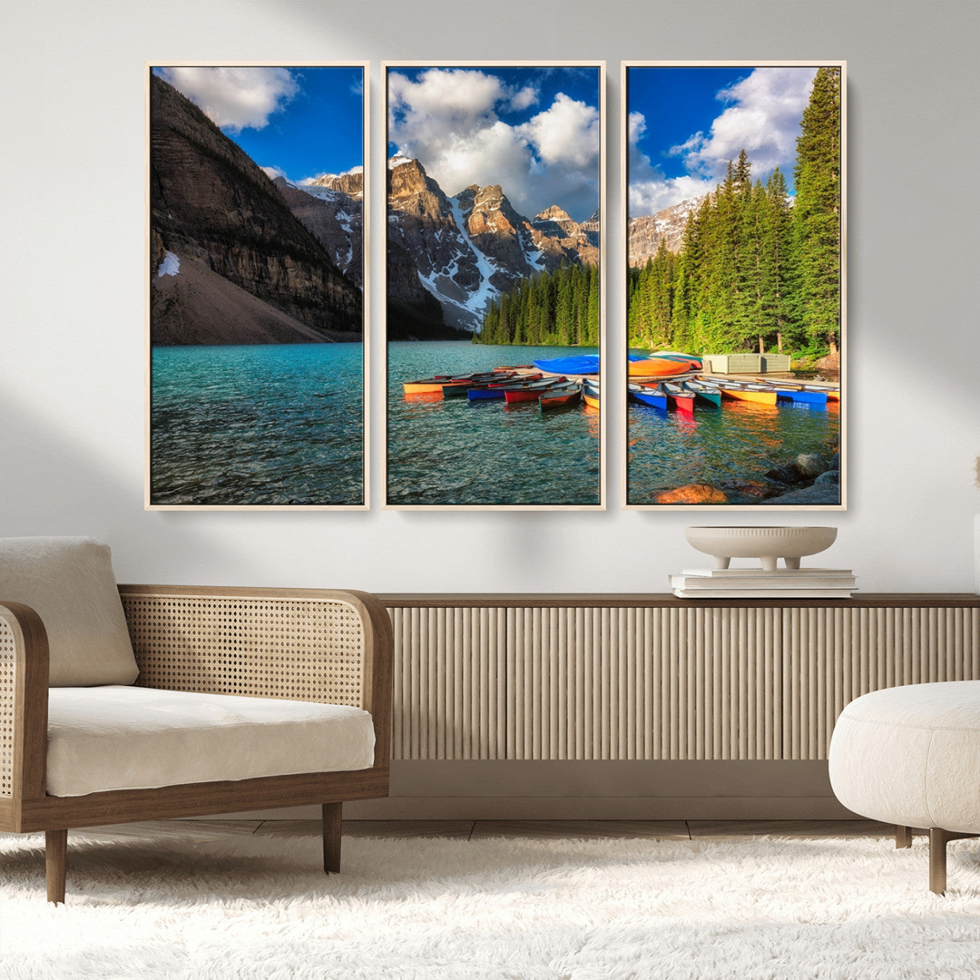 MGV-FC-48X32-3P - Moraine Lake 3-Panel Wall Art, Majestic Mountain and Lake Landscape Canvas Print Canoes on Moraine