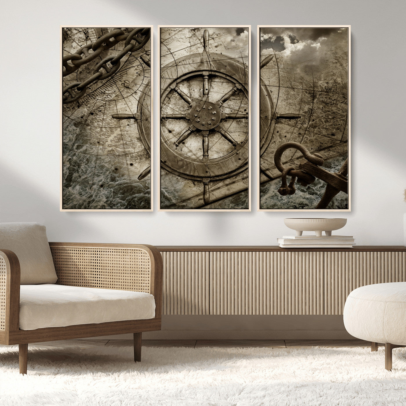 MGV-FC-48X32-3P - Wooden Ship Wheel Canvas Print, Multi Panel Canvas Wall Art Print