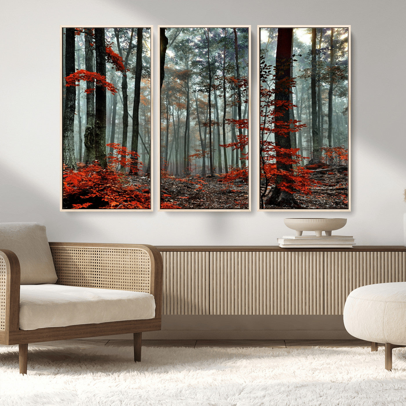 MGV-FC-48X32-3P - Autumn Forest Canvas Wall Art – Enchanting Red Leaves Triptych Print – Nature-Inspired Decor for