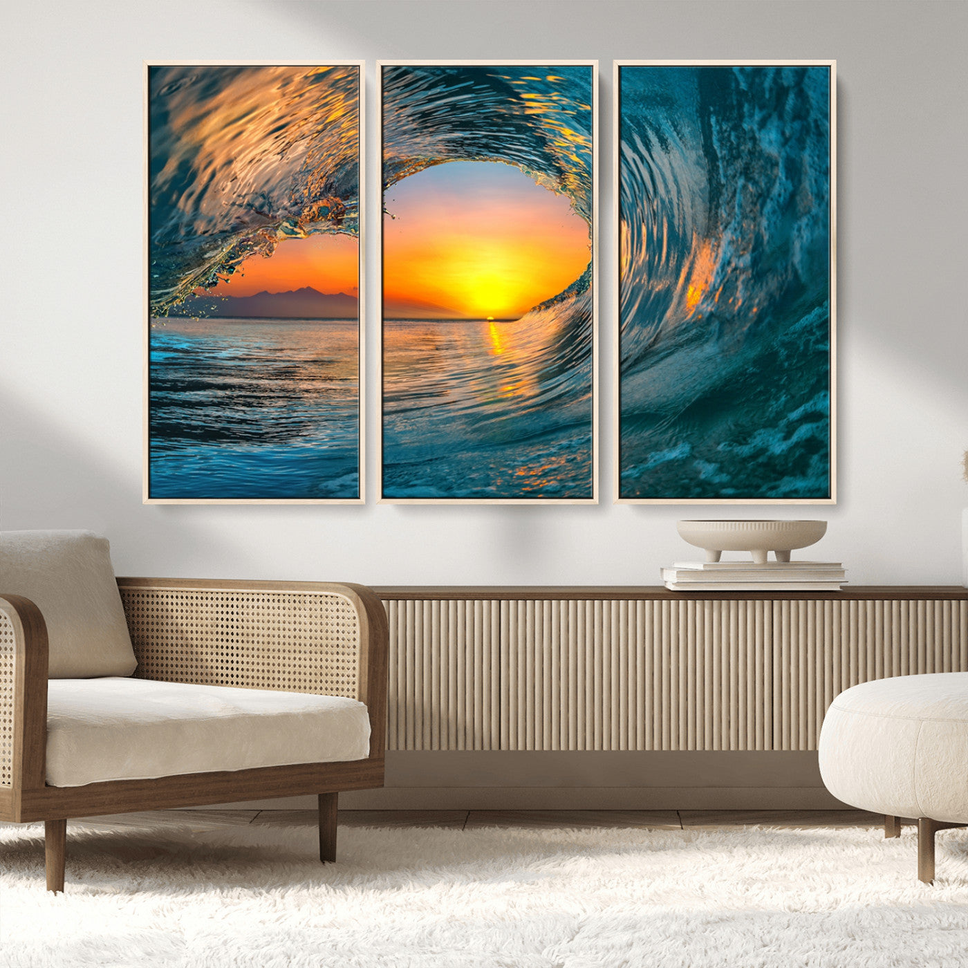 MGV-FC-48X32-3P - Ocean Wave Sunset Wall Art | Large Coastal Wave Canvas Print | 3-Panel Ocean Sunset Seascape for