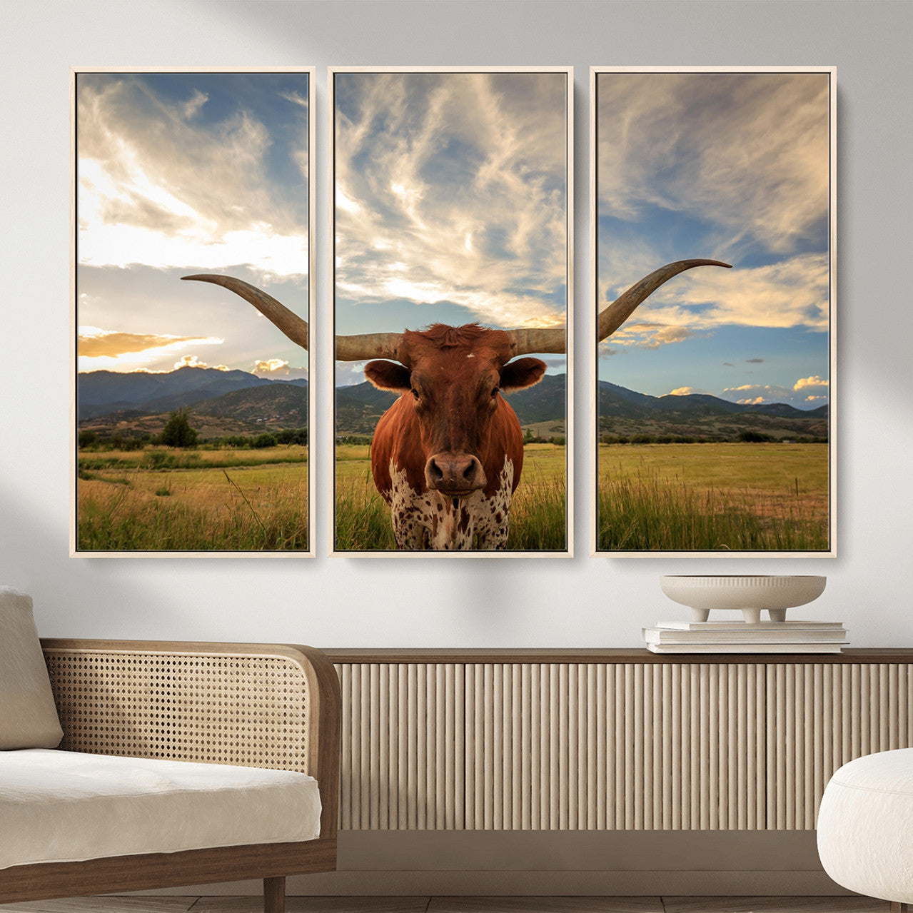 55416-MGV-CV-36X24 - Texas Longhorn Canvas Wall Art – Majestic Triptych Animal Print – Rustic Western Decor for Living Room