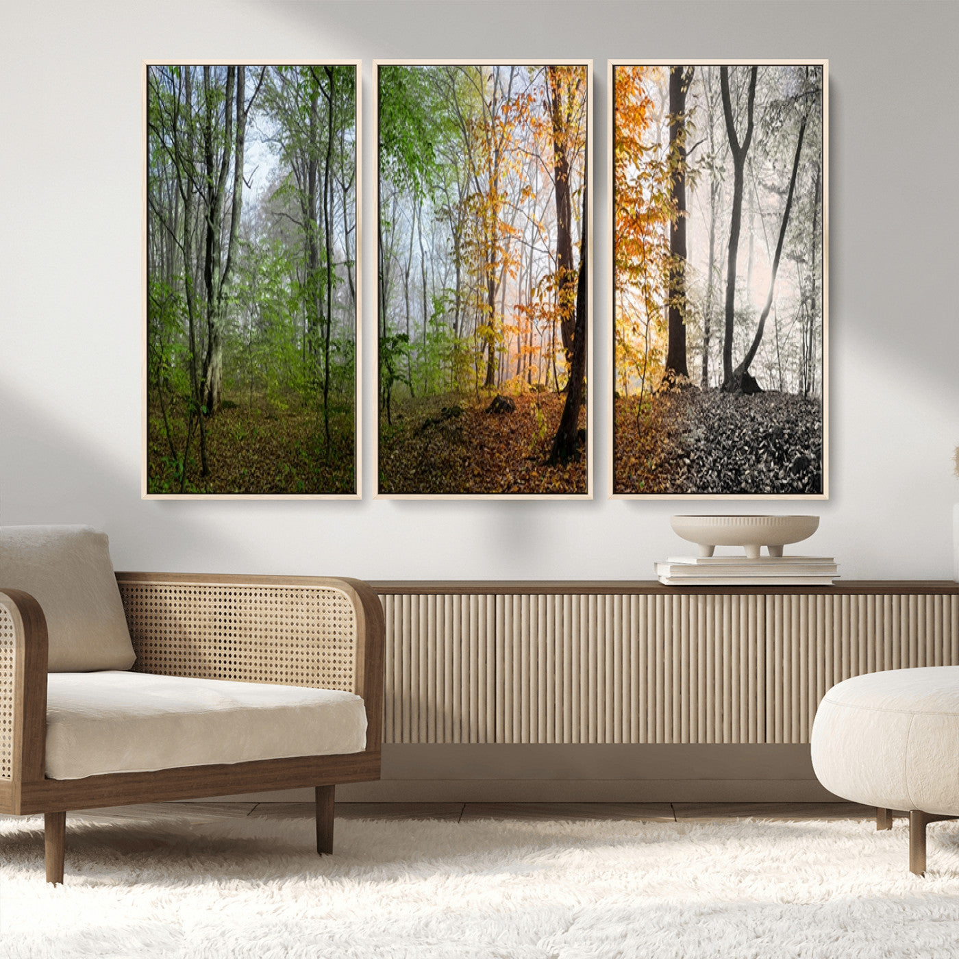 MGV-FC-48X32-3P - Four Seasons Wall Art Forest Canvas Print – Triptych Seasonal Nature Print – Landscape Decor for