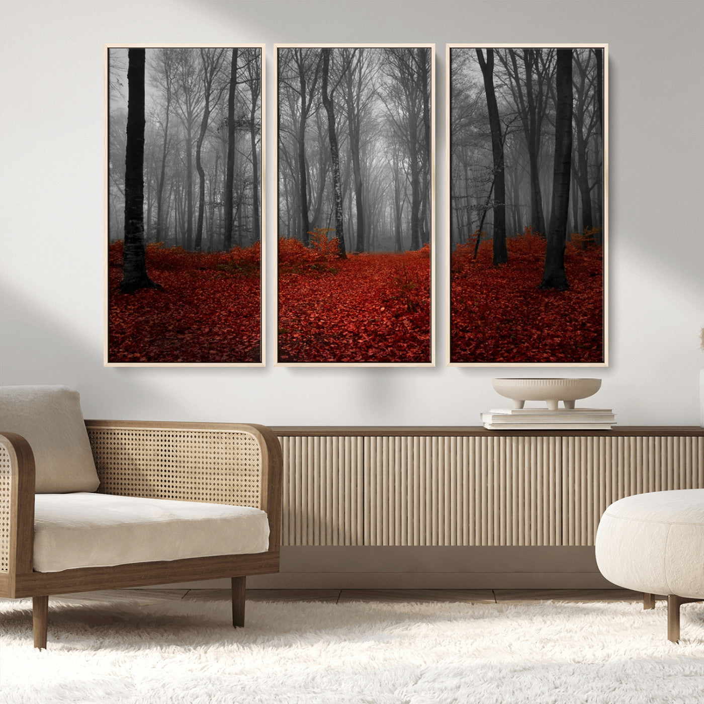 MGV-FC-48X32-3P - Red Forest Floor Canvas Wall Art – Mystical Foggy Woodland Triptych – Nature-Inspired Decor for