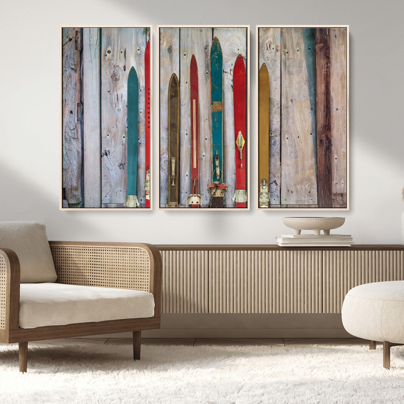 MGV-FC-48X32-3P - Vintage Wooden Weathered Ski's in Front of an Old Barn Wall Art Canvas Print for Farmhouse, Cabin