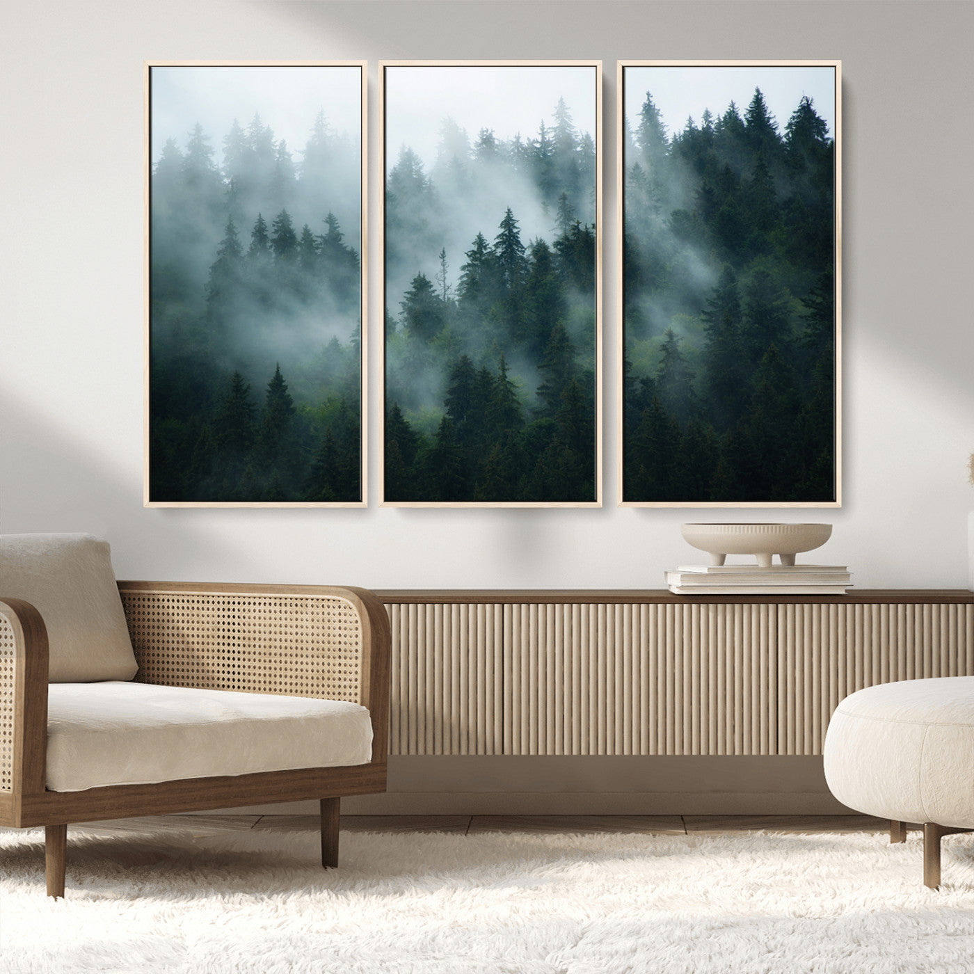 MGV-FC-48X32-3P - Foggy Forest 3-Panel Canvas Wall Art | Large Giclée Nature Scene Print for Living Room, Office, or