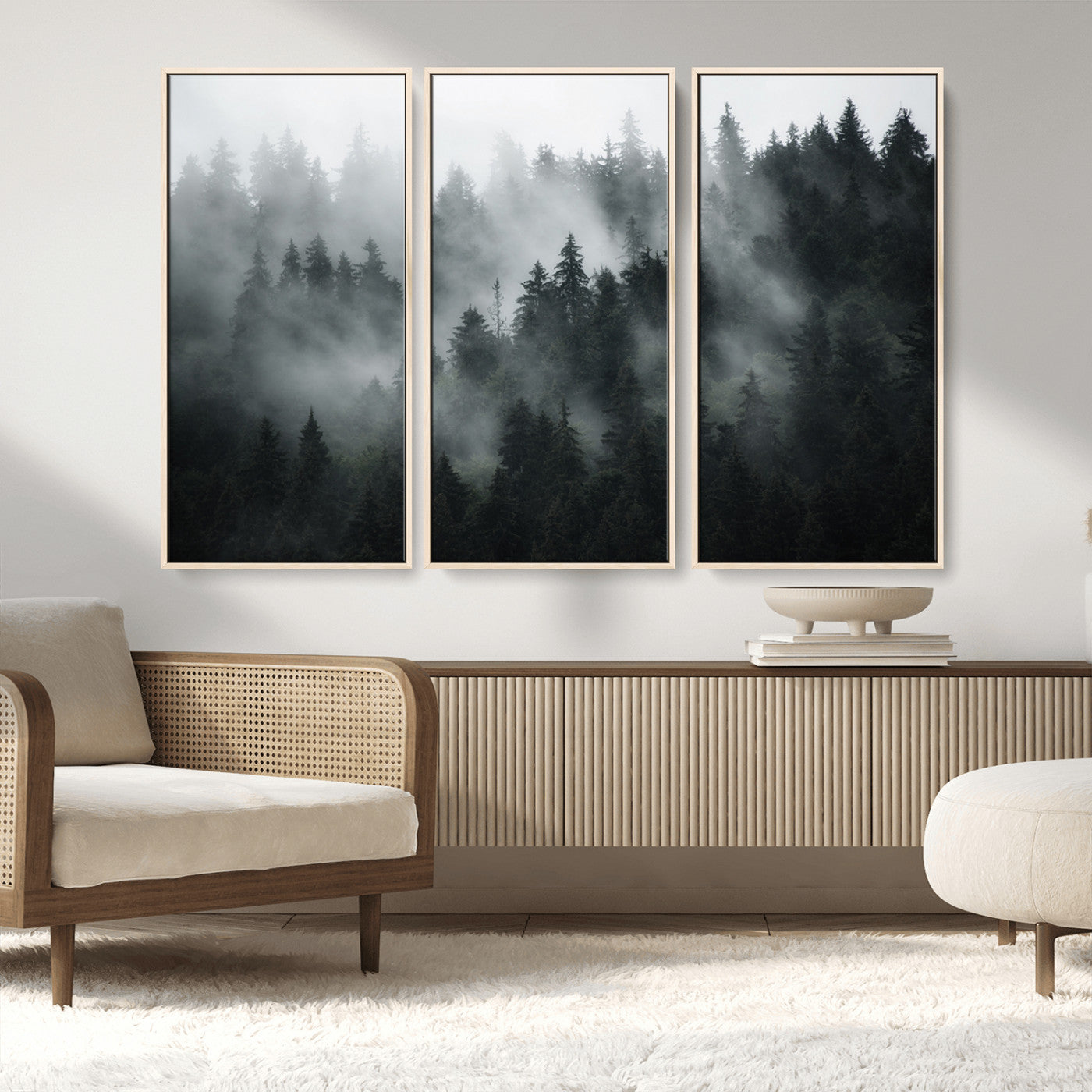 MGV-FC-48X32-3P - Foggy Forest Wall Art Canvas Print | 3 Panel Large Misty Landscape for Dining Room, Office, or