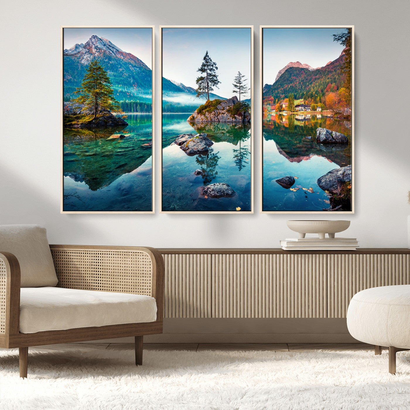 -Crystal Clear Lake Wall Art | Mountains Wall Art Canvas | 3 Panel Large Landscape Print for Dining