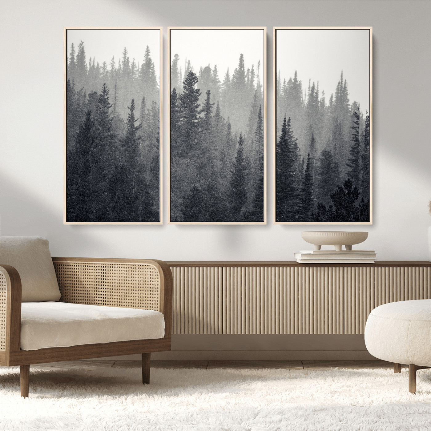 MGV-FC-48X32-3P - Misty Forest Canvas Wall Art – Monochrome Triptych Pine Tree Print – Nature-Inspired Home Decor –