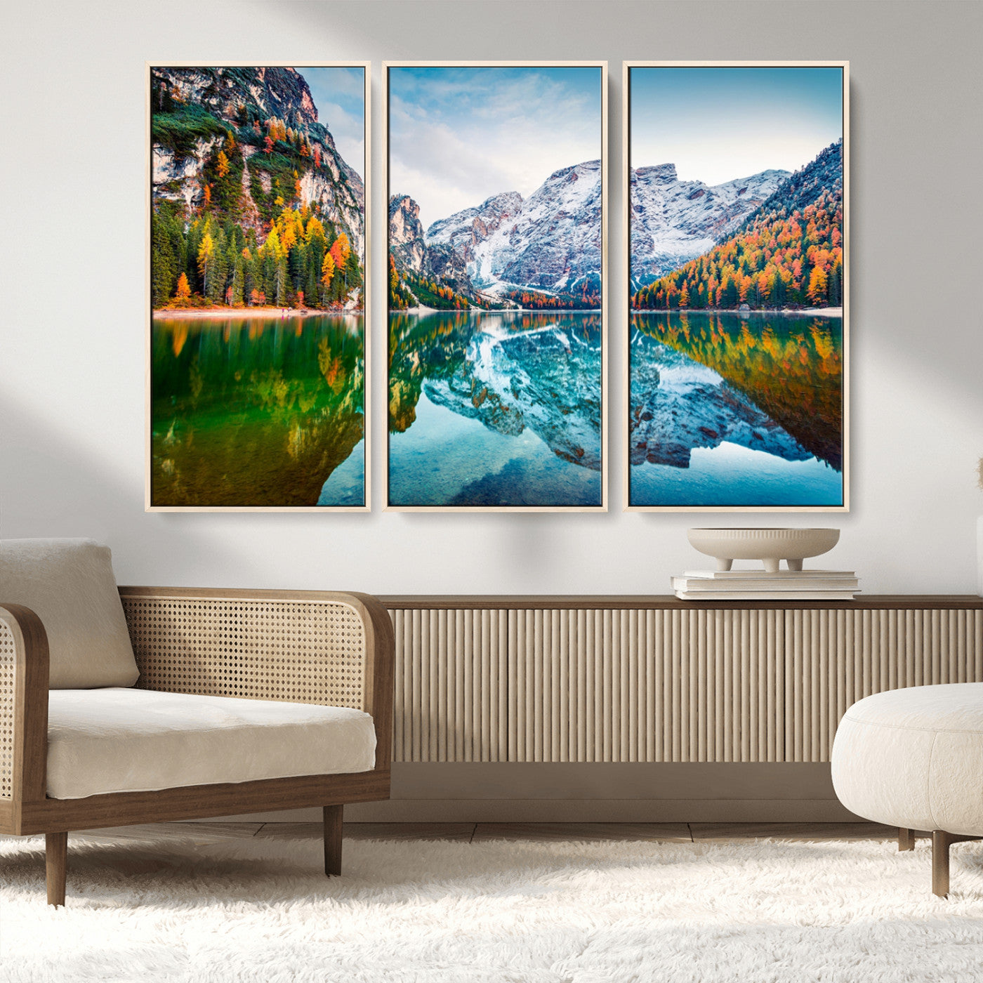 MGV-FC-48X32-3P - Spectacular autumn view of Braies Lake Wall Art Canvas Print