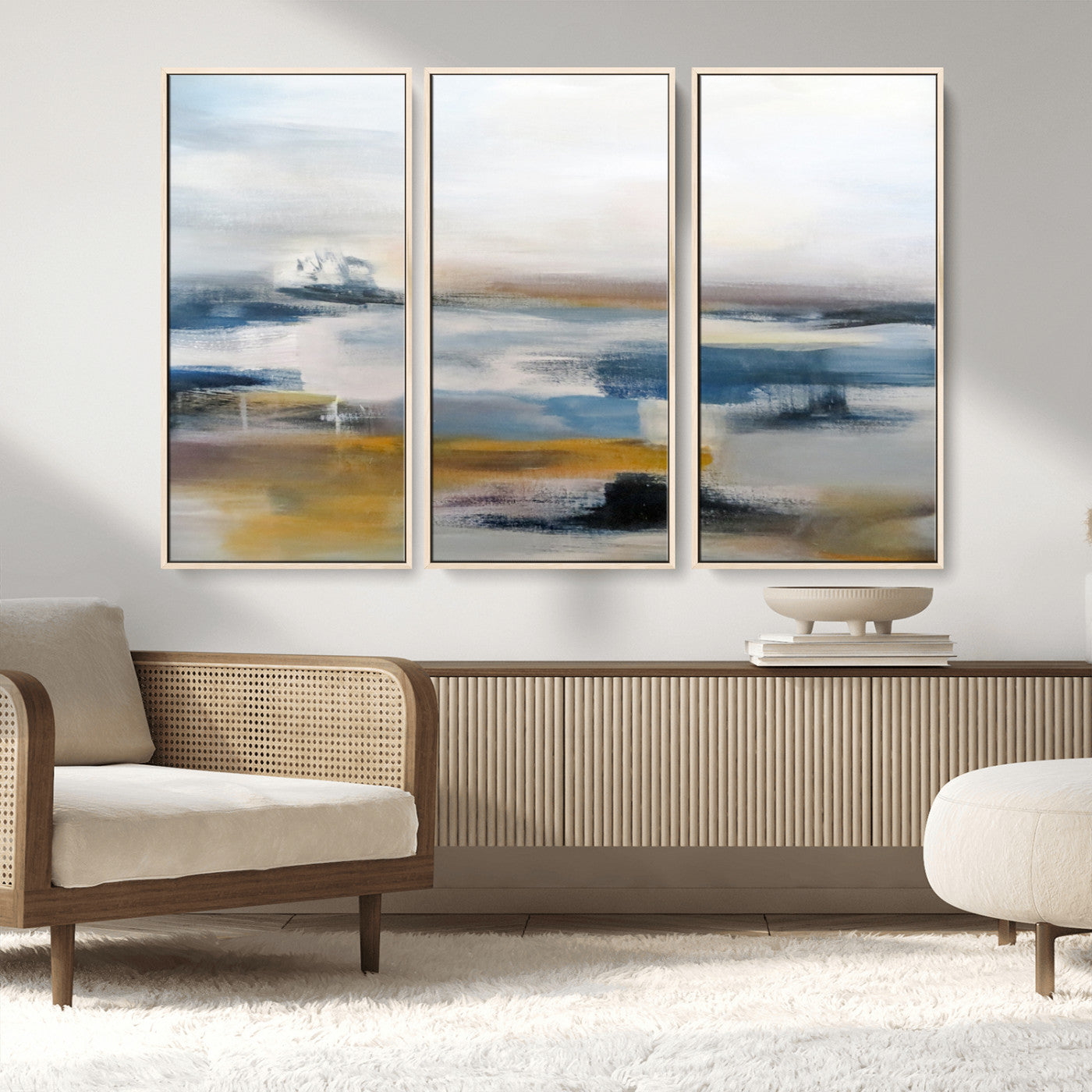 MGV-FC-48X32-3P - Abstract Landscape Wall Art Canvas | 3 Panel Modern Blue, Gold, and White Canvas Art for Living