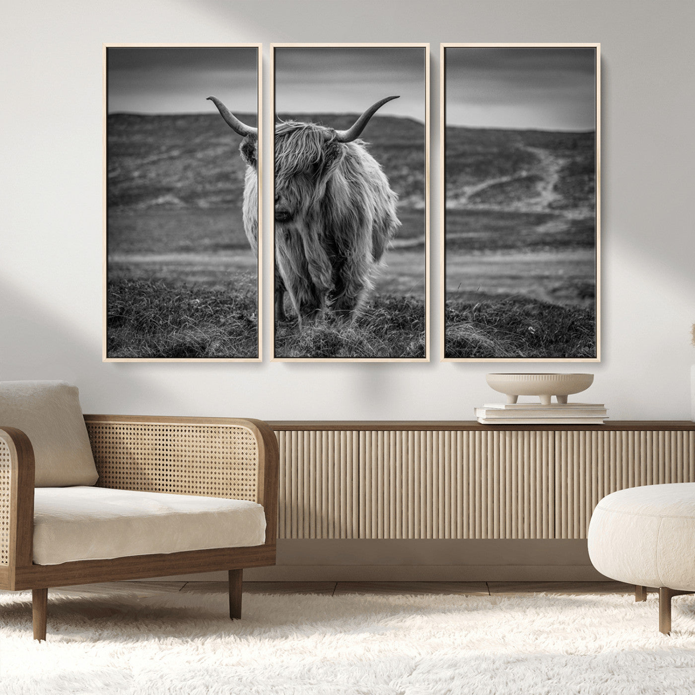 MGV-FC-48X32-3P - Fluffy Cattle Wall Art Print, Highland Cow Canvas, Framed Black and white Wall Art