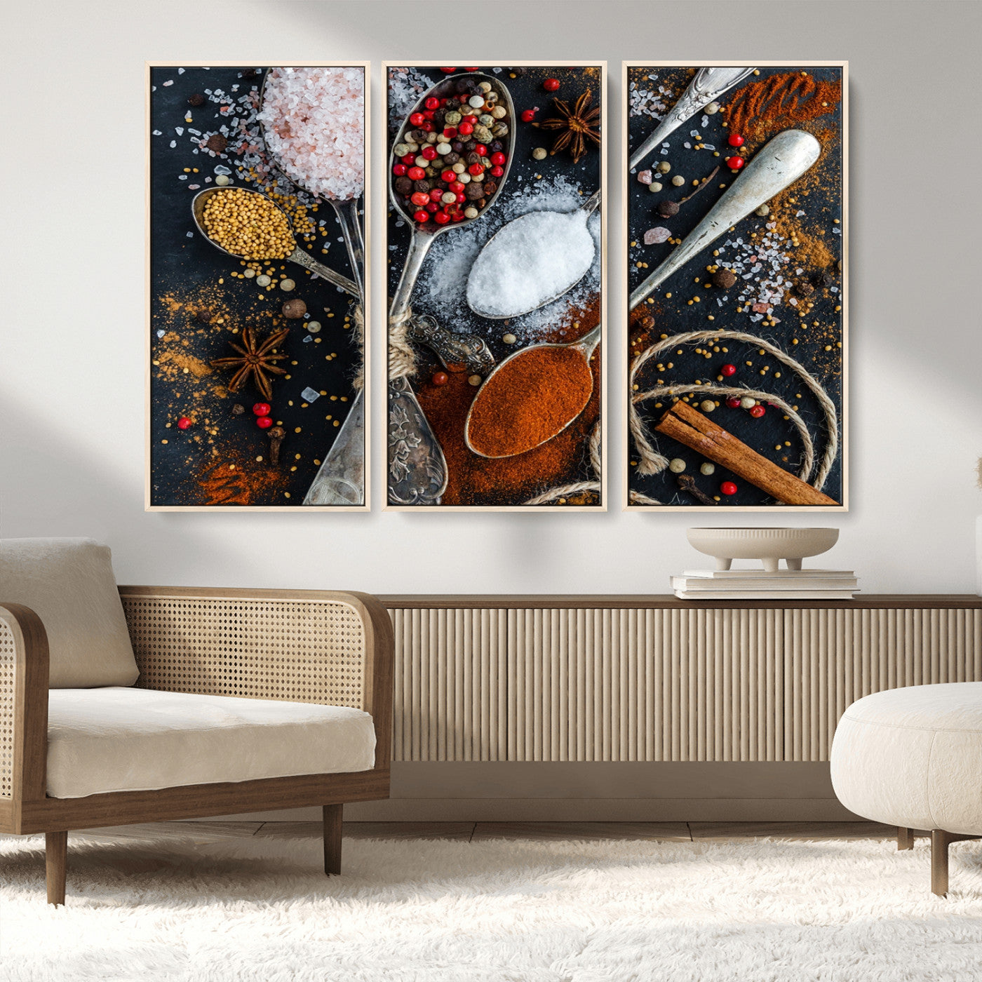 MGV-FC-48X32-3P - Spices and Seasonings Canvas Wall Art – Colorful Triptych Kitchen Decor – Culinary Art for Dining