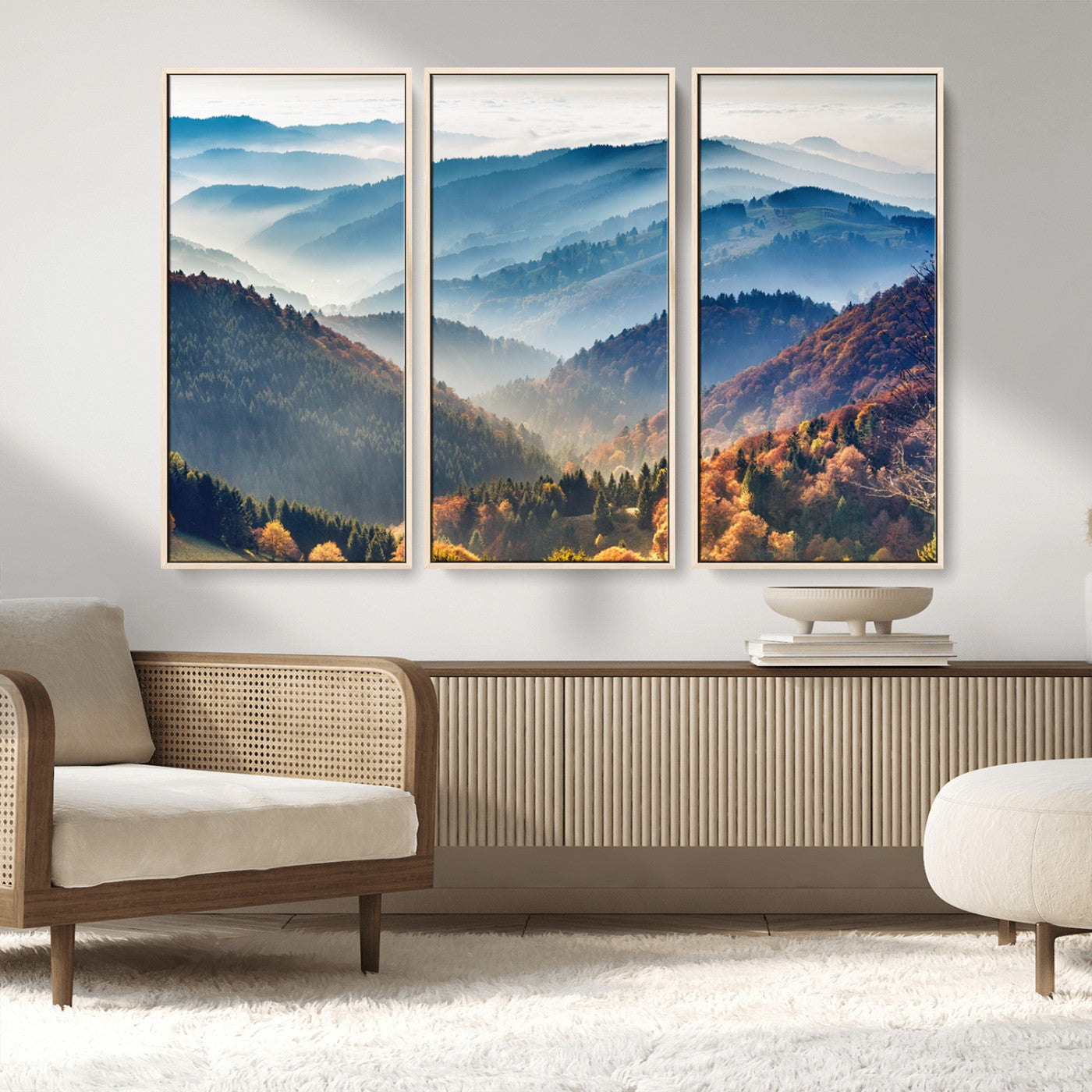 MGV-FC-48X32-3P - Misty Mountain Sunrise Triptych Canvas Print – Autumn Landscape Wall Art – Scenic Nature Decor –