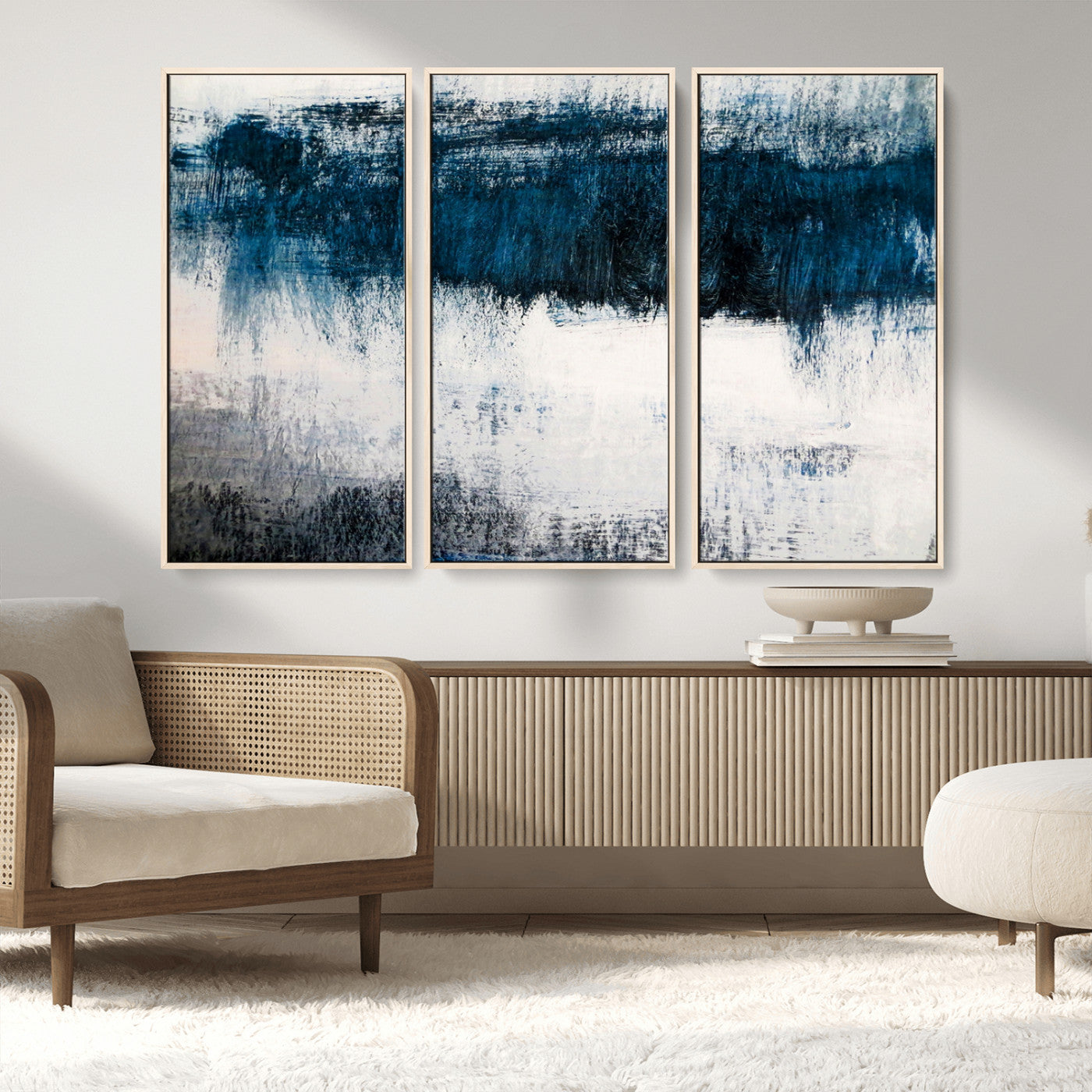 MGV-FC-48X32-3P - Abstract Blue and White Canvas Art | Large Wall Art for Modern Living Room Decor | Minimalist