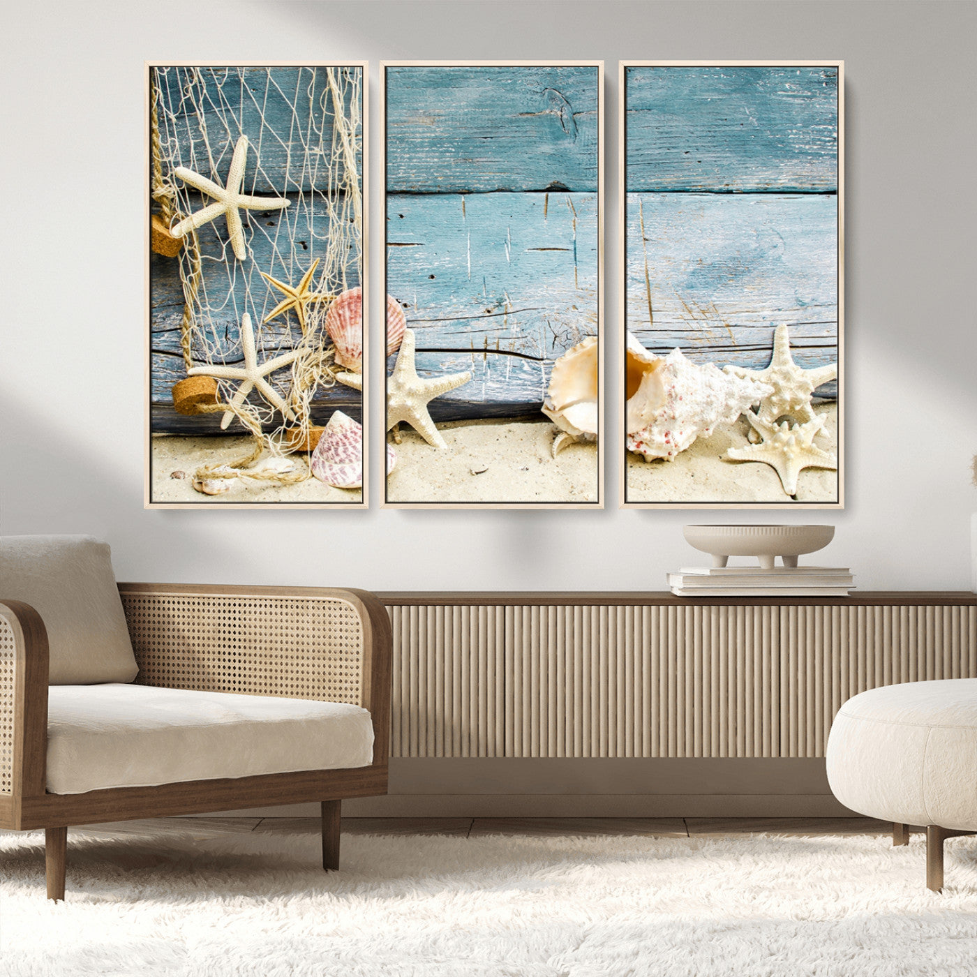 MGV-FC-48X32-3P - Seashells on Rustic Wooden Background, Seashells Wall Art Canvas Print