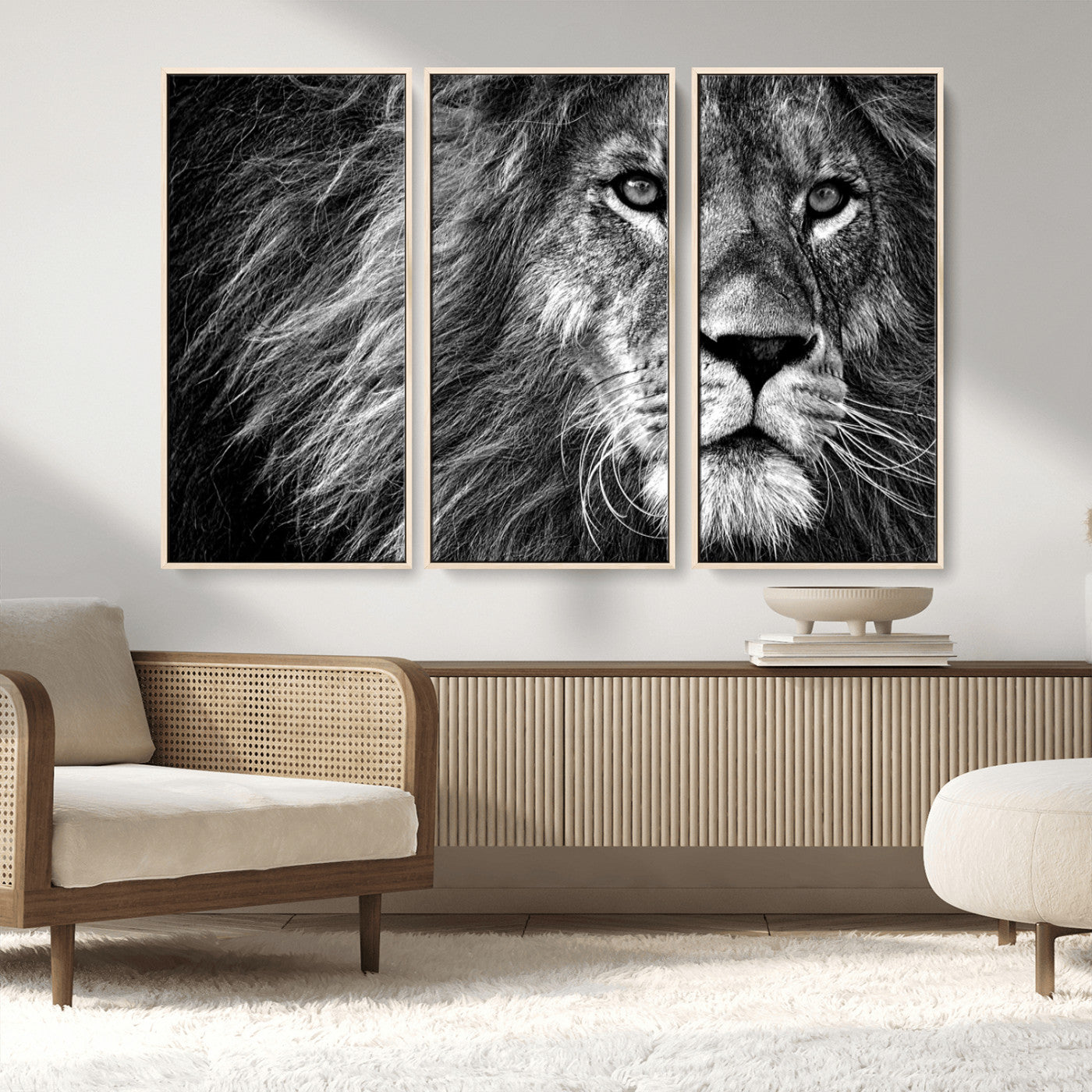 MGV-FC-48X32-3P - Black and White Lion Canvas Wall Art Print