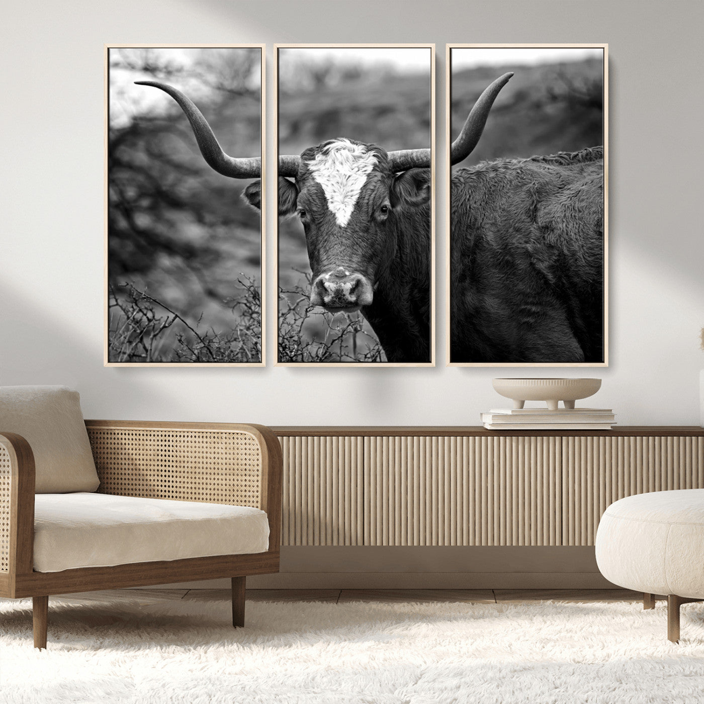MGV-FC-48X32-3P - Western Home Wall Art Canvas Print, Framed Texas Longhorn Art Picture Print, Rustic Cow Perfect Rustic Farmhouse Decor Artwork