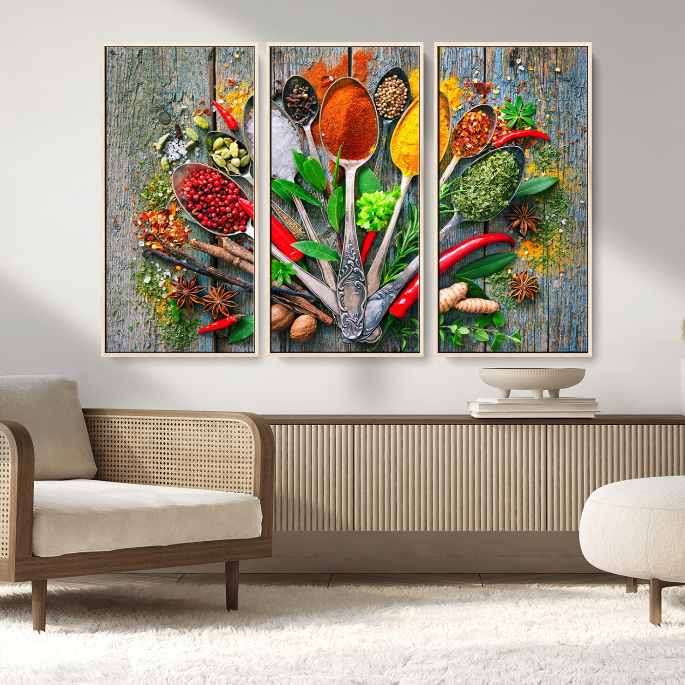 MGV-FC-48X32-3P - Spoonful of Spices Cooking Wall Art Canvas Print - Vibrant Kitchen Decor Triptych – Culinary Art