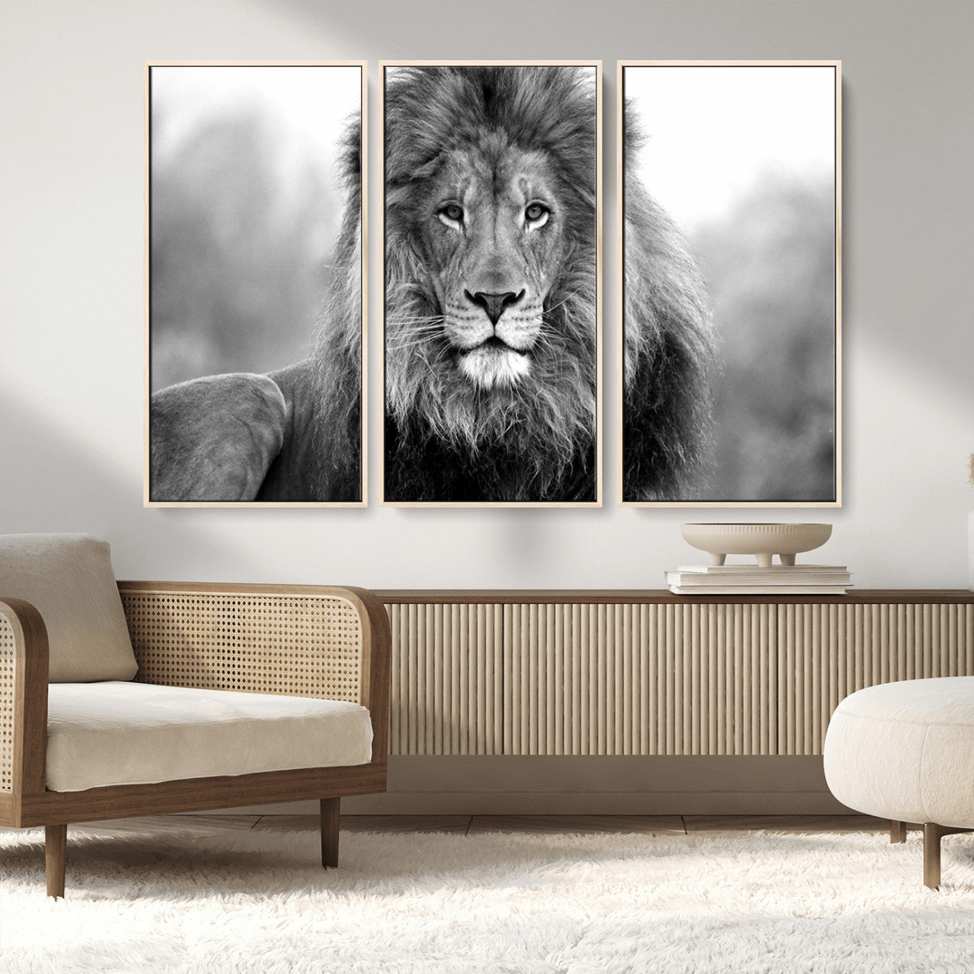 MGV-FC-48X32-3P - Black and White Lion Canvas Wall Art Animal Print