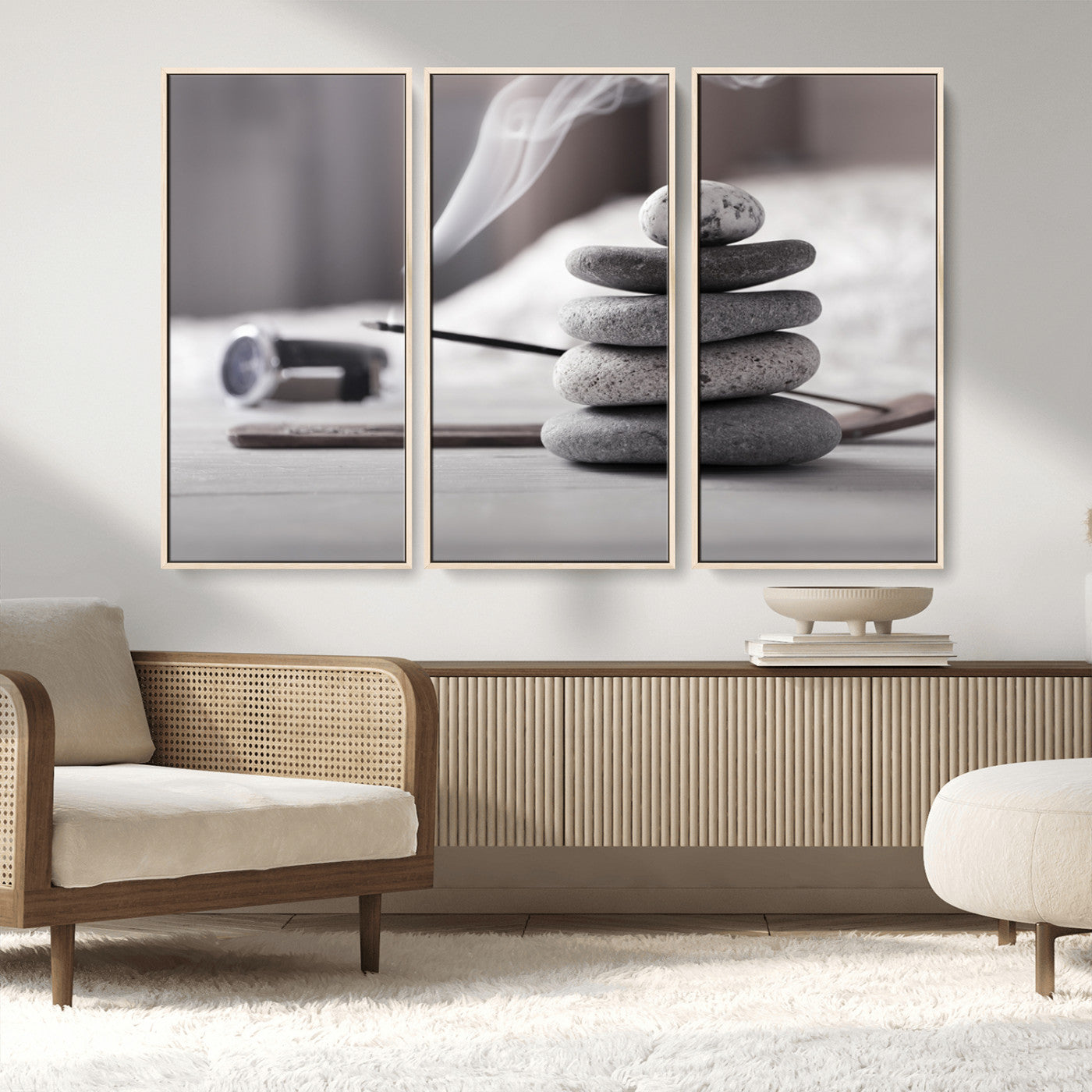 MGV-FC-48X32-3P - Burning Incense and Zen Stones Buddhism Wall Art, Zen Stones Wall Art Canvas Print
