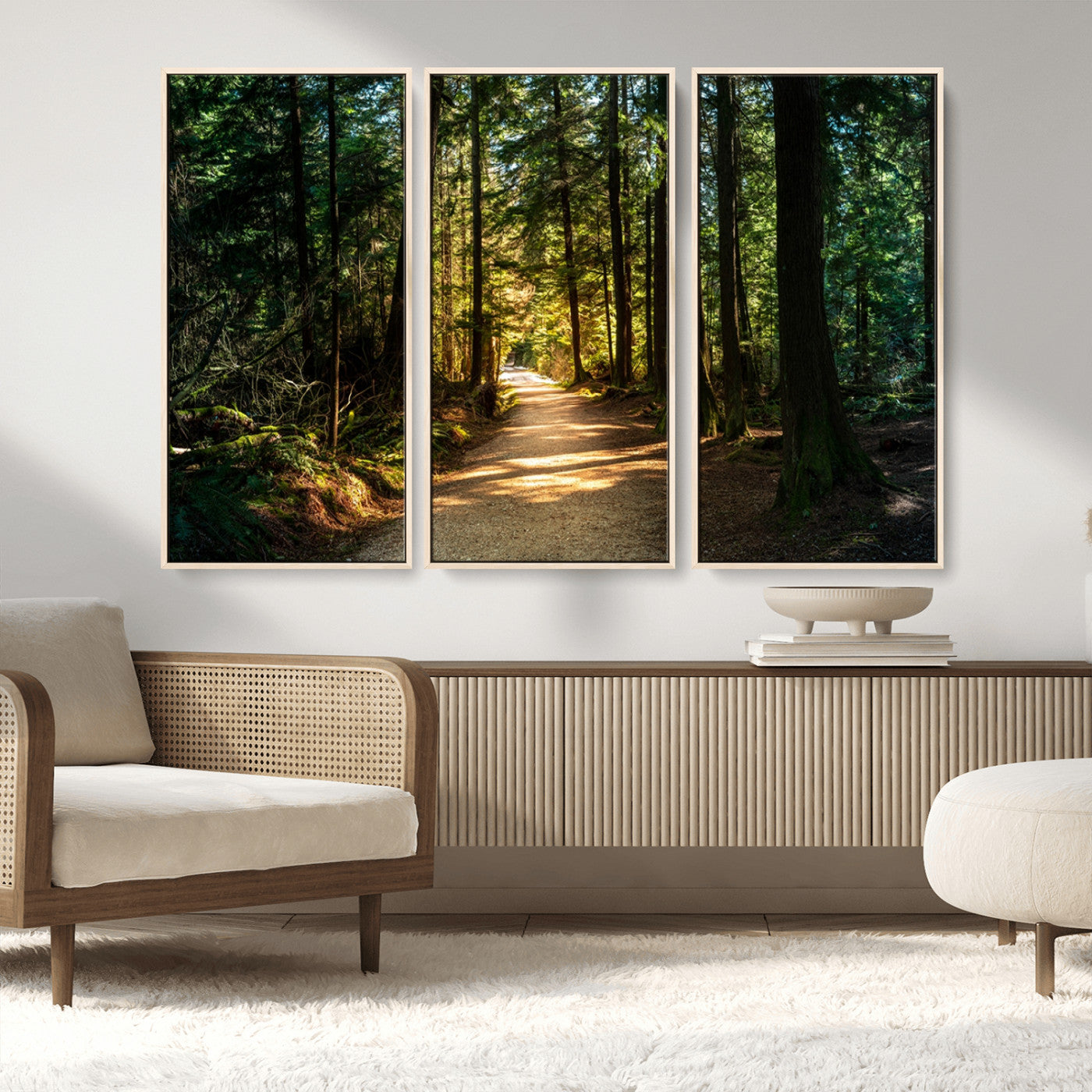 MGV-FC-48X32-3P - Sunlit Forest Pathway Canvas Print | 3 Panel Large Nature Wall Art for Living Room, Office, or
