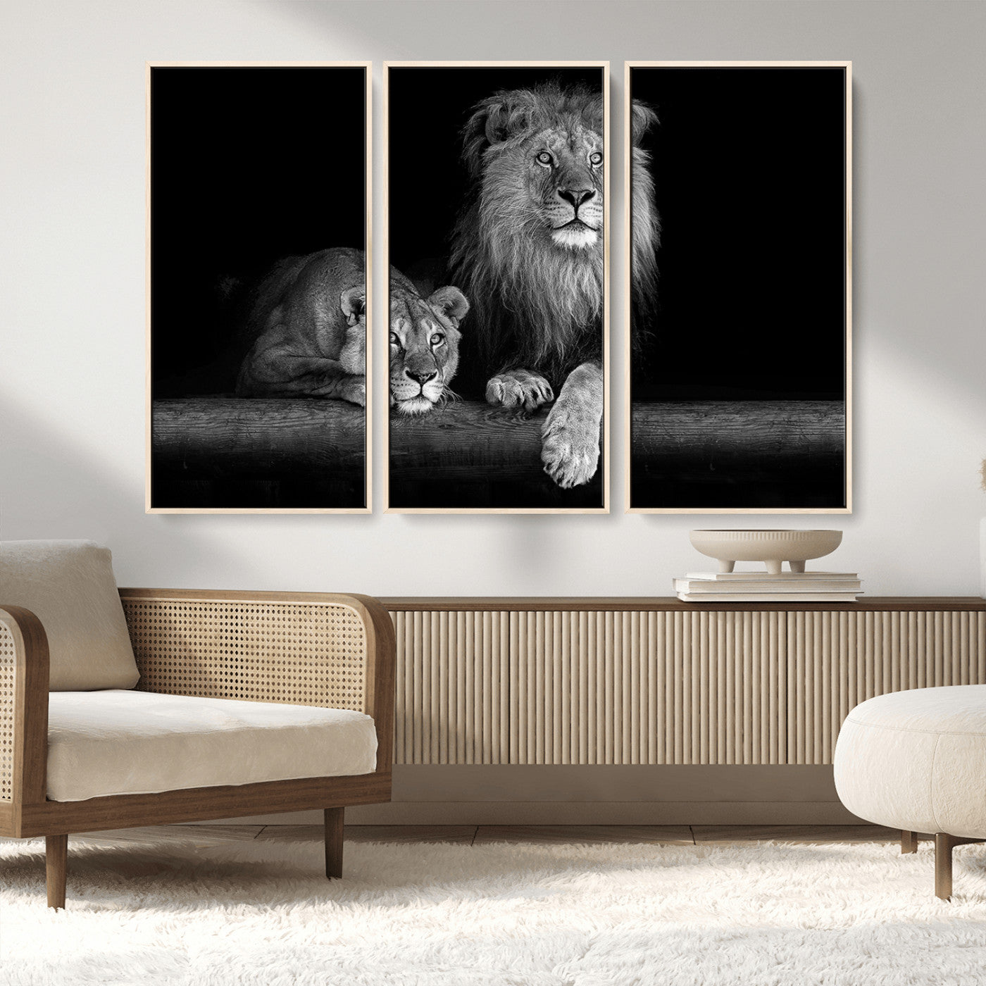 MGV-FC-48X32-3P - Large Black and White Lion Couple Wall Art Canvas Print