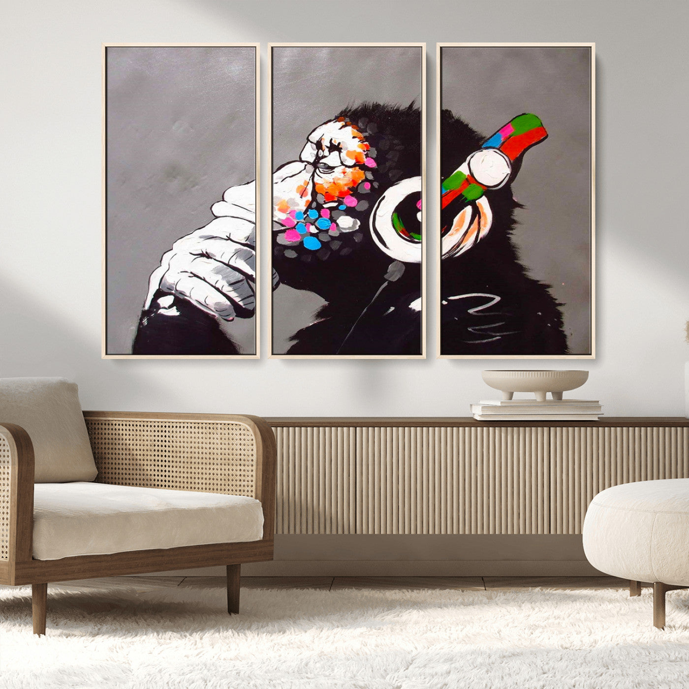 MGV-FC-48X32-3P - Dj Monkey Listening to Music Wall Art Print | Banksy Monkey Large Canvas Print for Living Room,