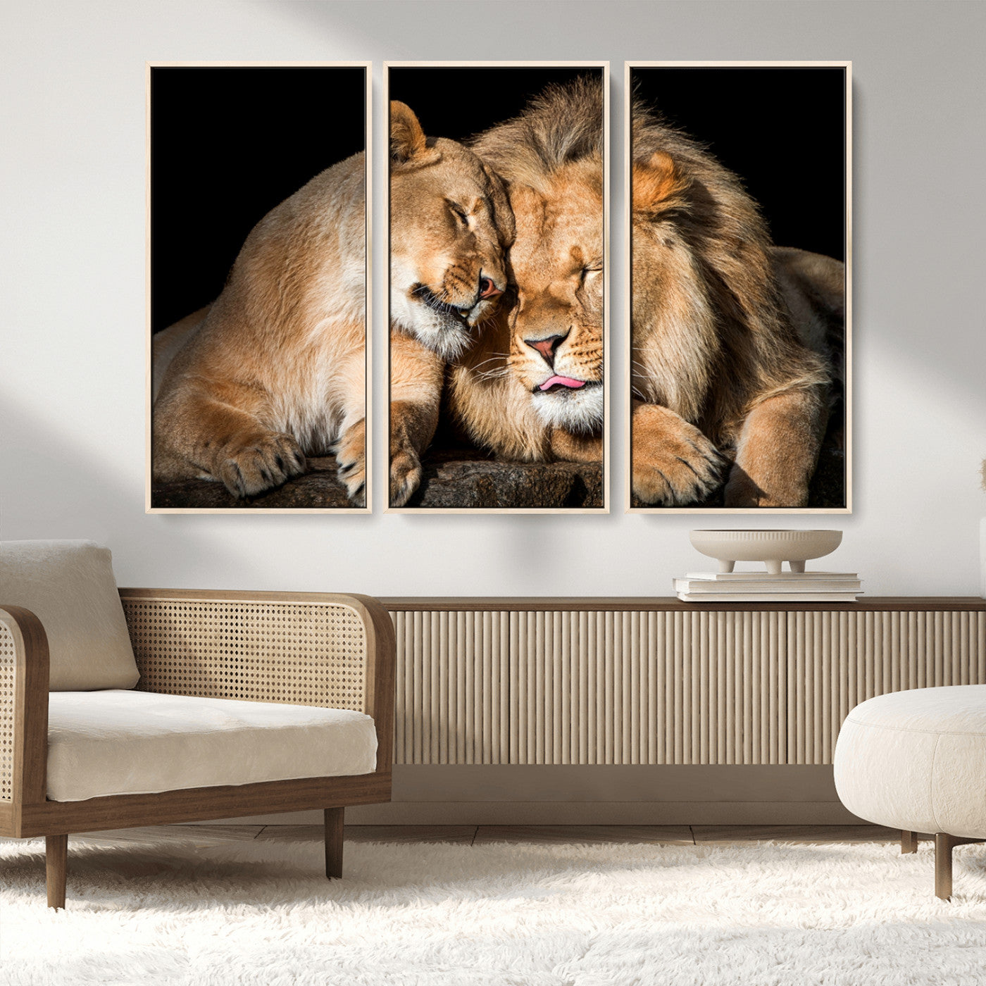 MGV-FC-48X32-3P - Lion and Lioness Wall Art Print Canvas | 3-Panel African Wildlife Canvas Print | Animal-Themed Art