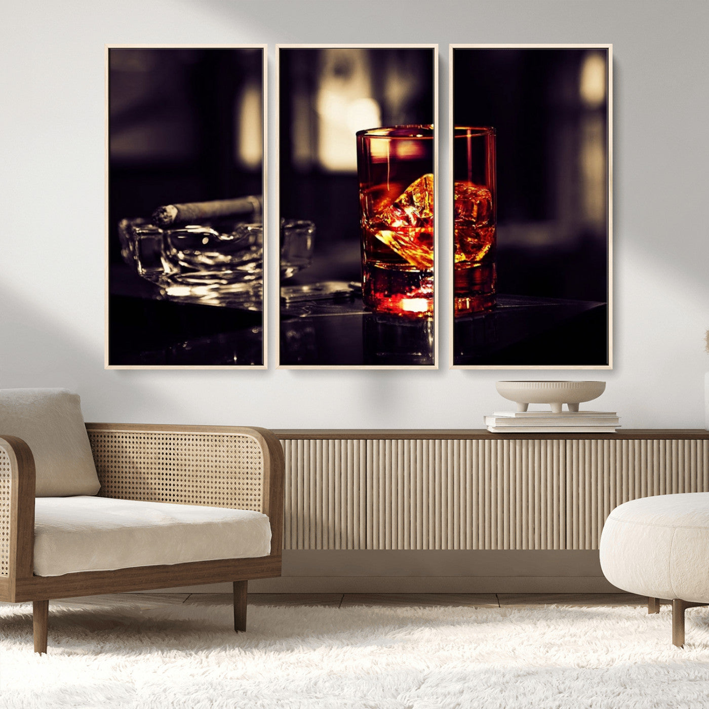 MGV-FC-48X32-3P - Whiskey and Cigar Canvas – Luxurious Wall Art for Home or Bar – Glass and Cigar Scene Print Canvas