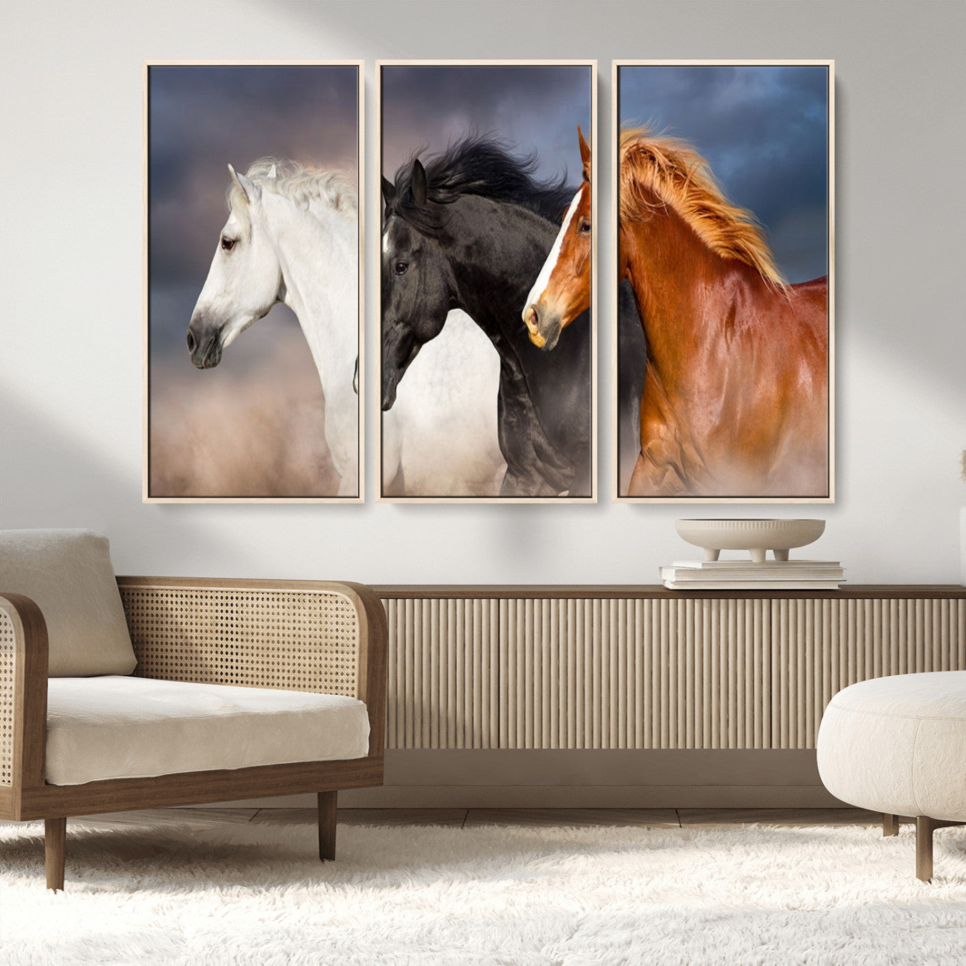MGV-FC-48X32-3P - Animal Wall Art Three Horses Farmhouse Art Canvas, Framed Three Horses Canvas Print
