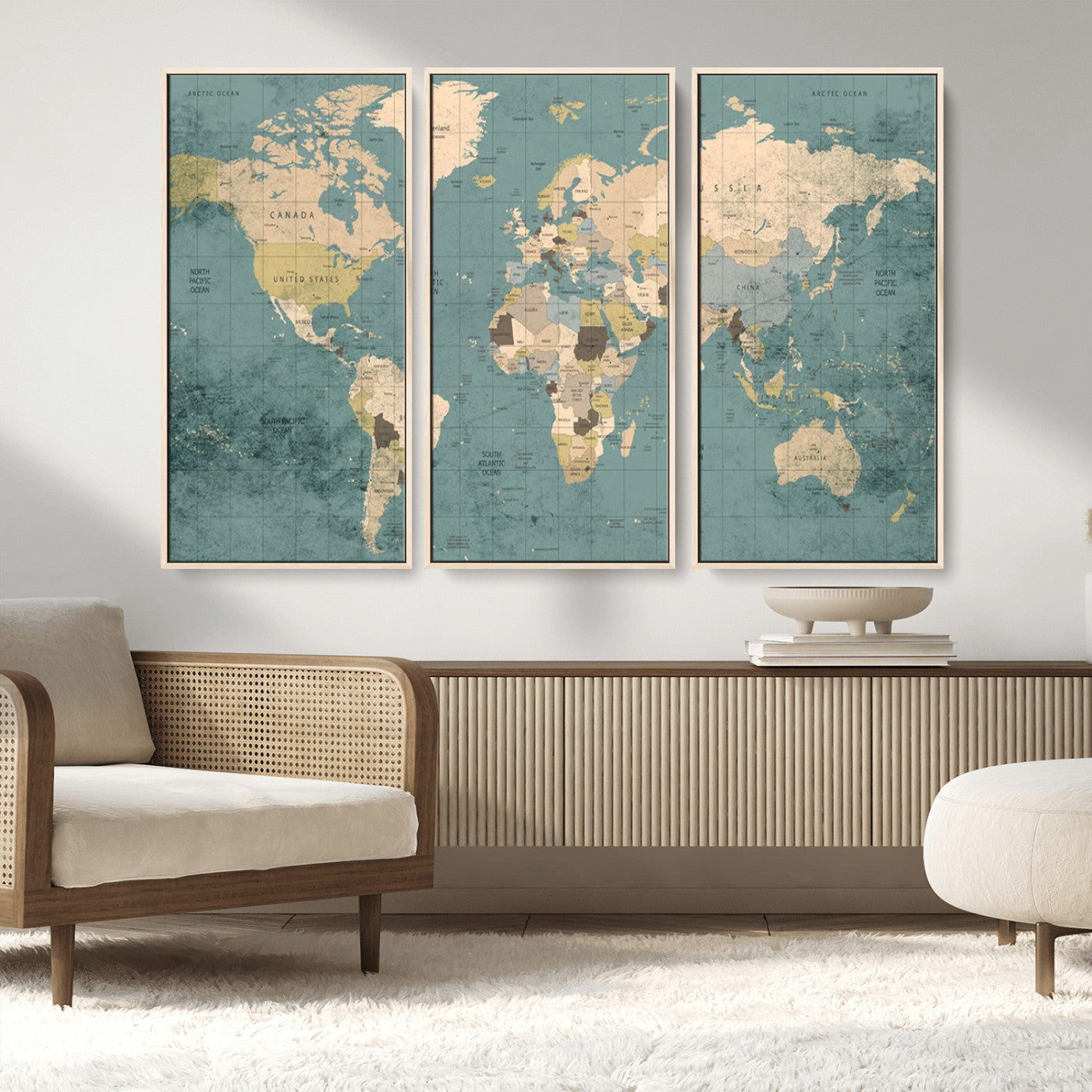 MGV-FC-48X32-3P - Classic World Map Wall Art Canvas Print, Framed Retro Map Art Picture Print, Vintage Atlas Perfect Rustic Explorer Decor Artwork