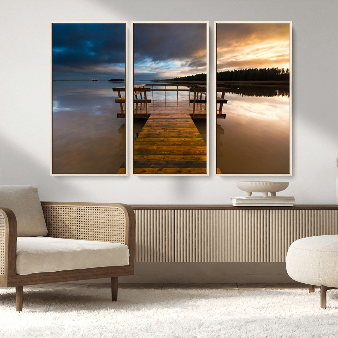 MGV-FC-48X32-3P - Serene Lake Pier at Sunset Canvas Print | Landscape Canvas Print | Ready to Hang and Framed Wall Art