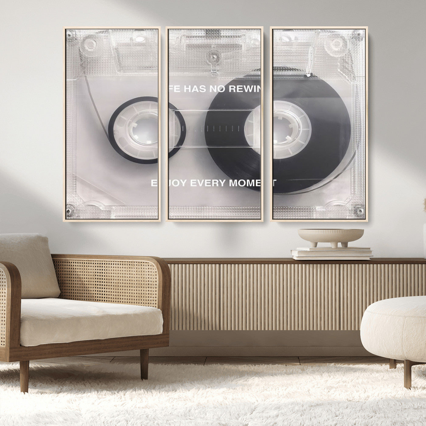 MGV-FC-48X32-3P - Vintage Cassette Tape Canvas Wall Art - Inspirational 'Life Has No Rewind' Quote, Retro Music Decor